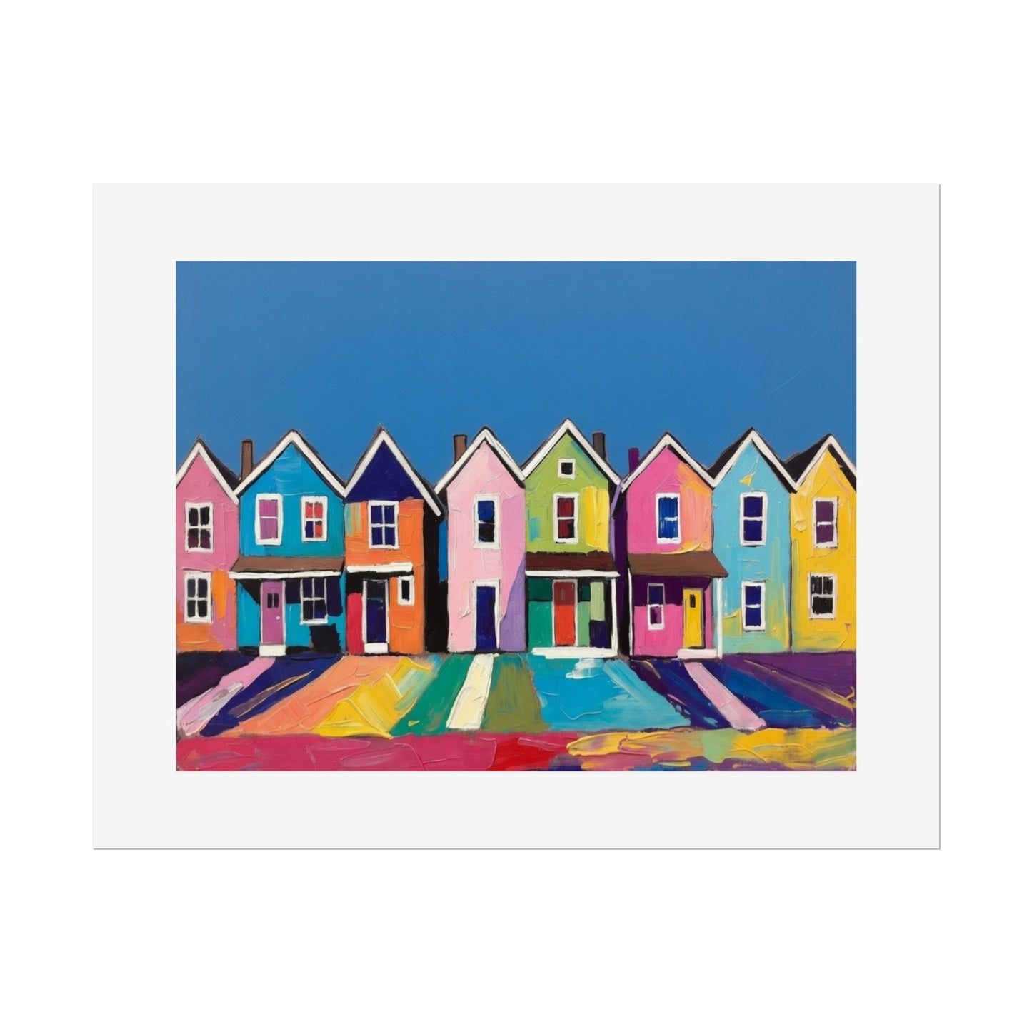 Colorful Row Houses Art Poster — Vibrant Coastal Street Wall Print