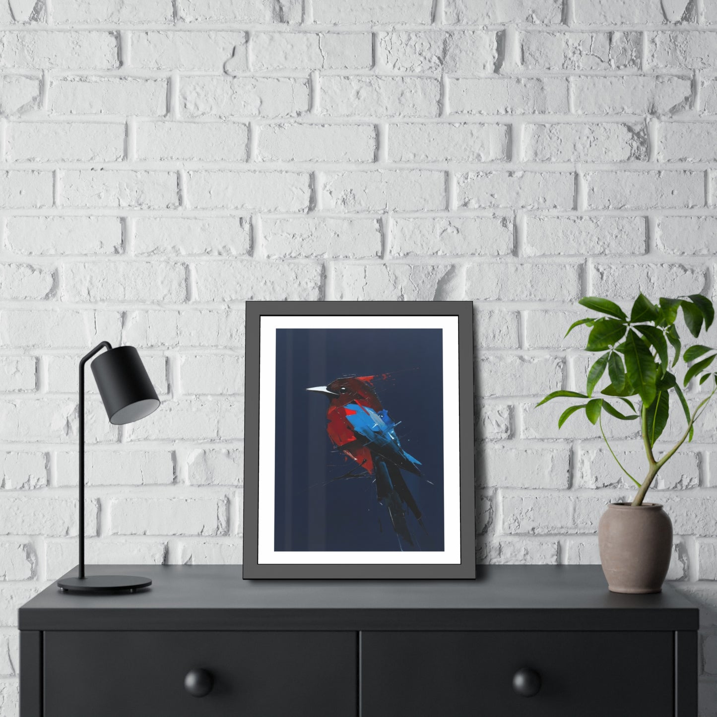 Framed Bird Art Print — Modern Red & Blue Kingfisher Poster