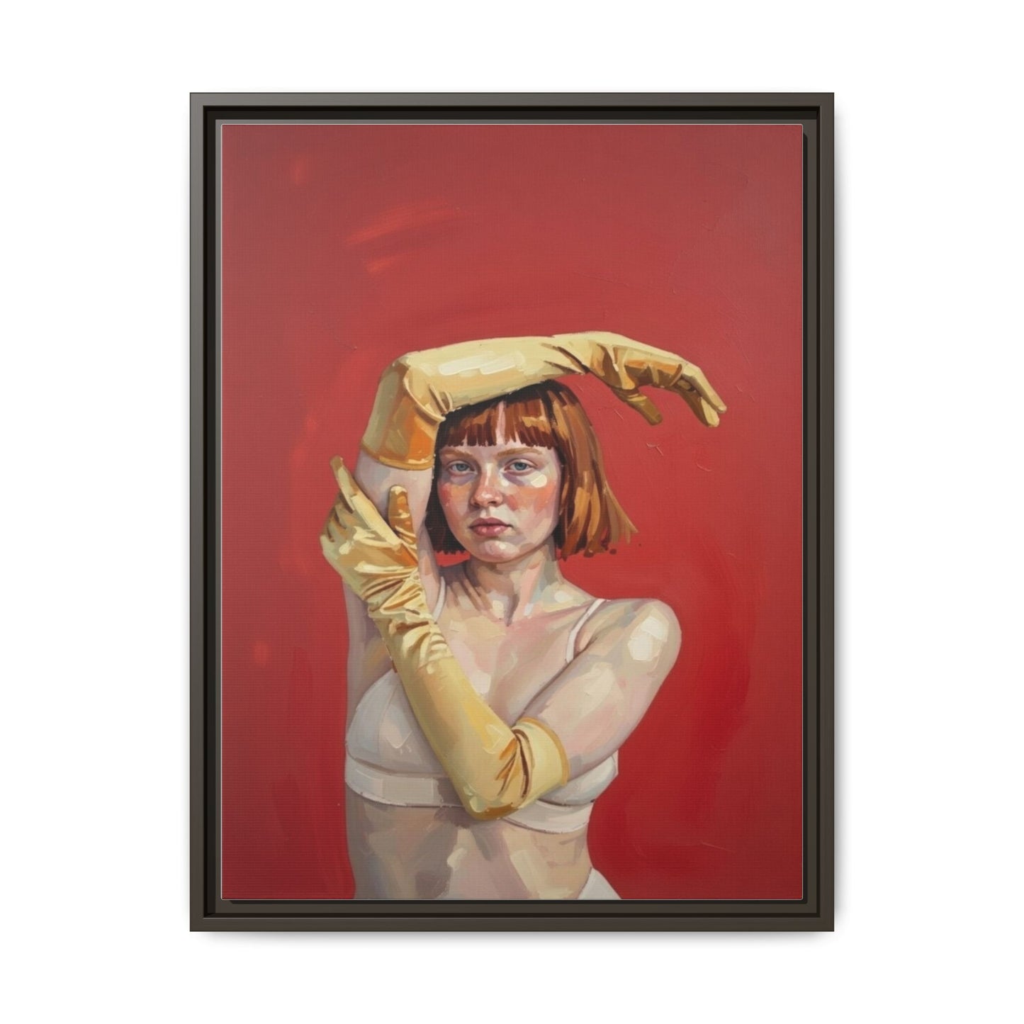 Framed Matte Canvas Art - Portrait of Woman in Yellow Gloves (Red Background)