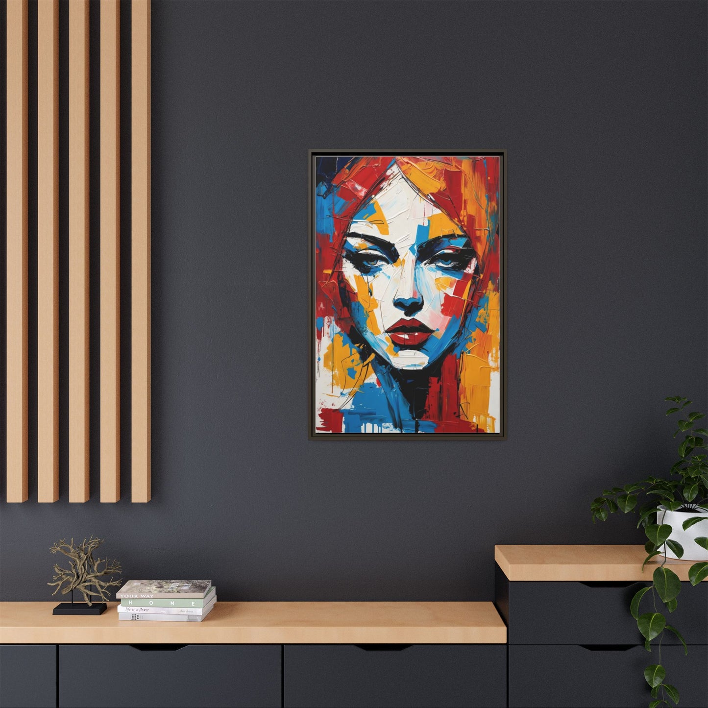 Framed Abstract Portrait Canvas — Colorful Female Face Wall Art