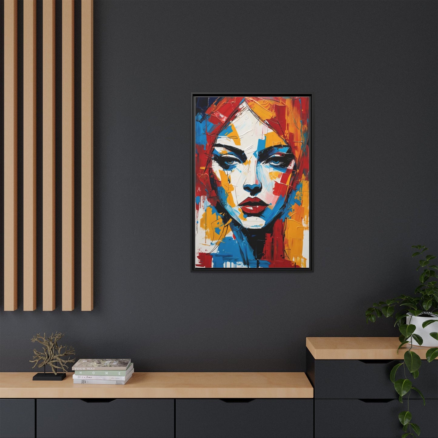Framed Abstract Portrait Canvas — Colorful Female Face Wall Art