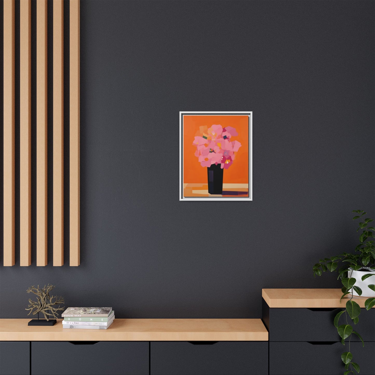 Framed Floral Canvas Art — Pink Bouquet on Orange Background