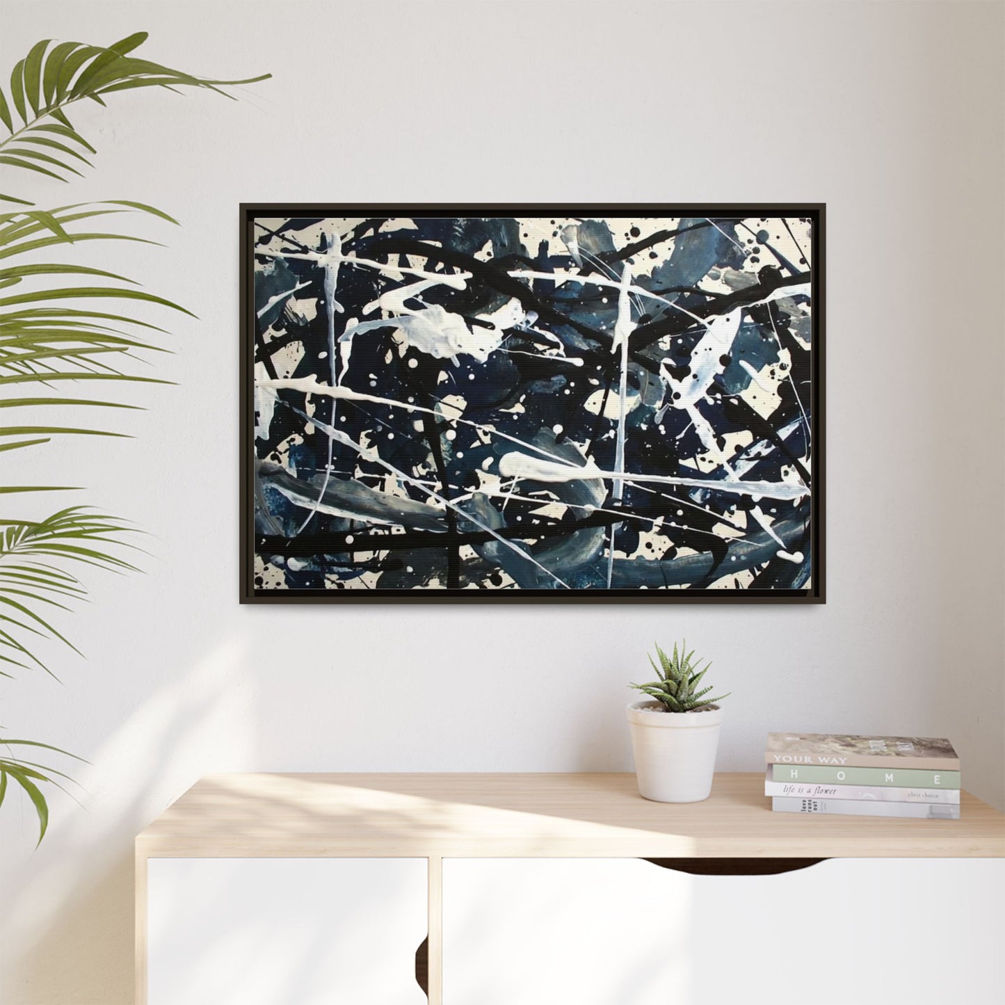 Abstract Splatter Matte Canvas Framed Wall Art — Black & Blue Modern Art Print