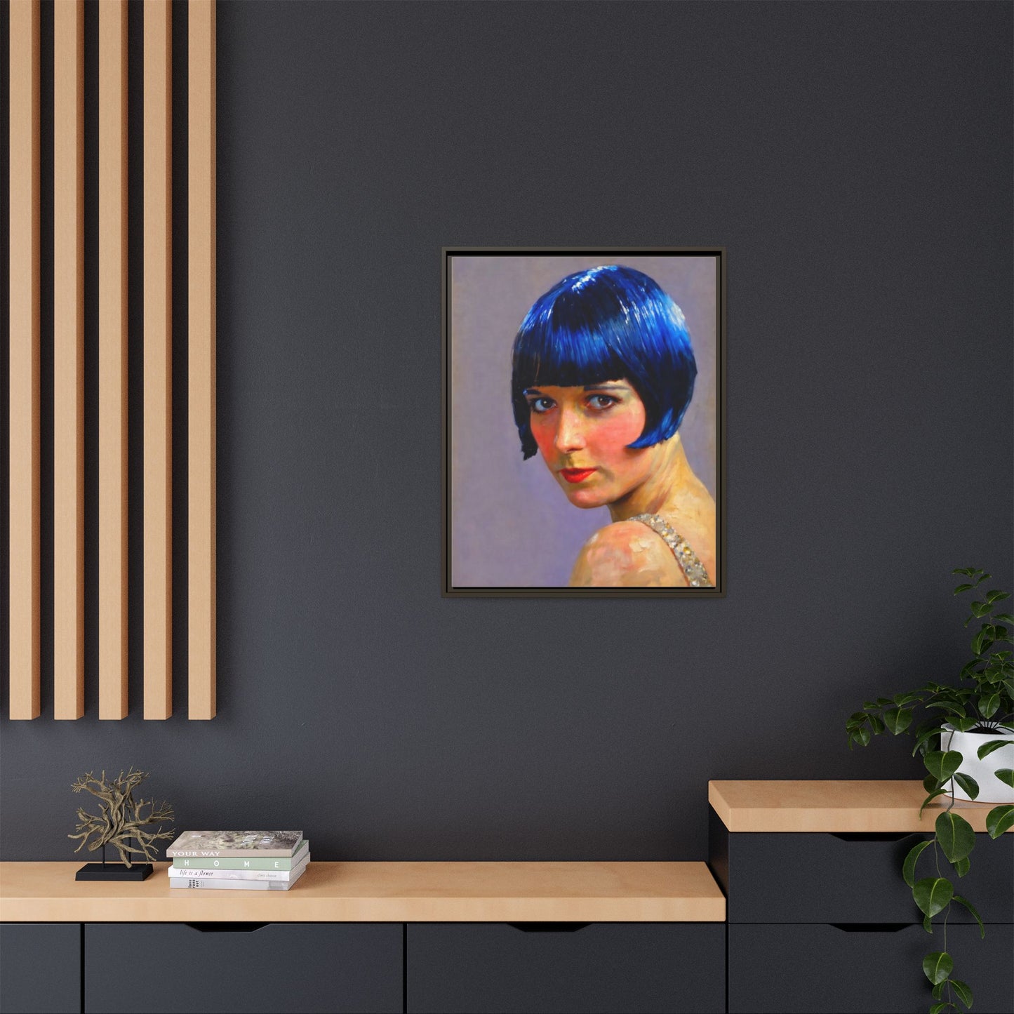 Framed Matte Canvas Art Print — Vintage Portrait with Blue Bob