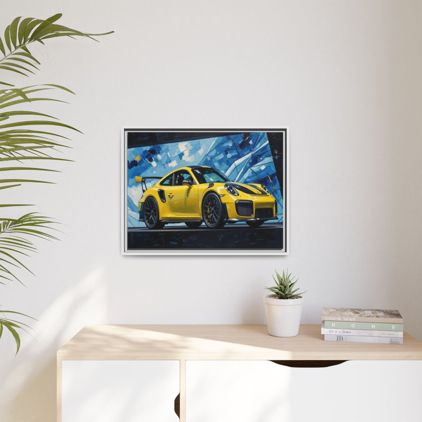 Yellow Porsche Sports Car Matte Framed Canvas – Modern Automotive Wall Art