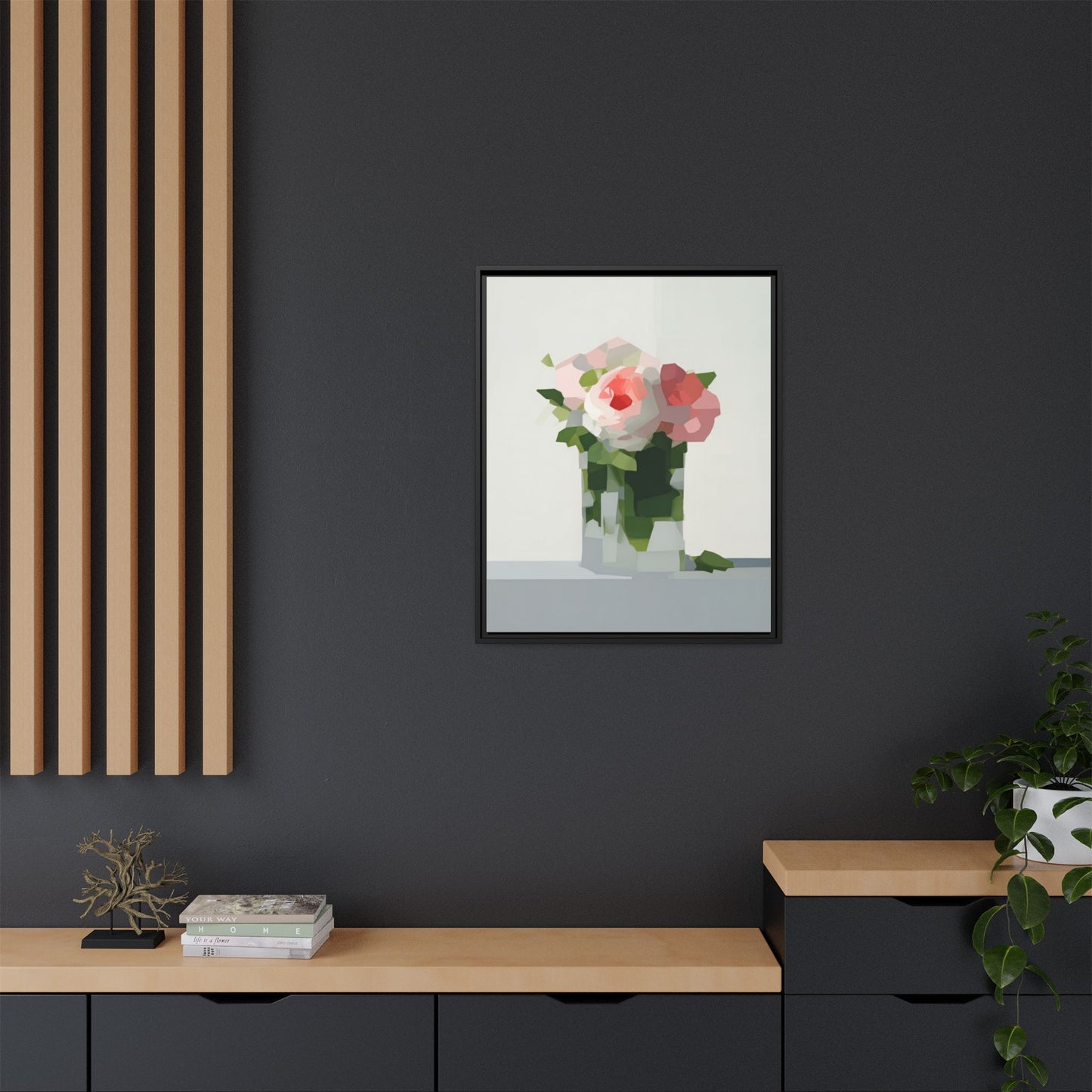 Framed Floral Canvas Print — Modern Pink Roses Still Life