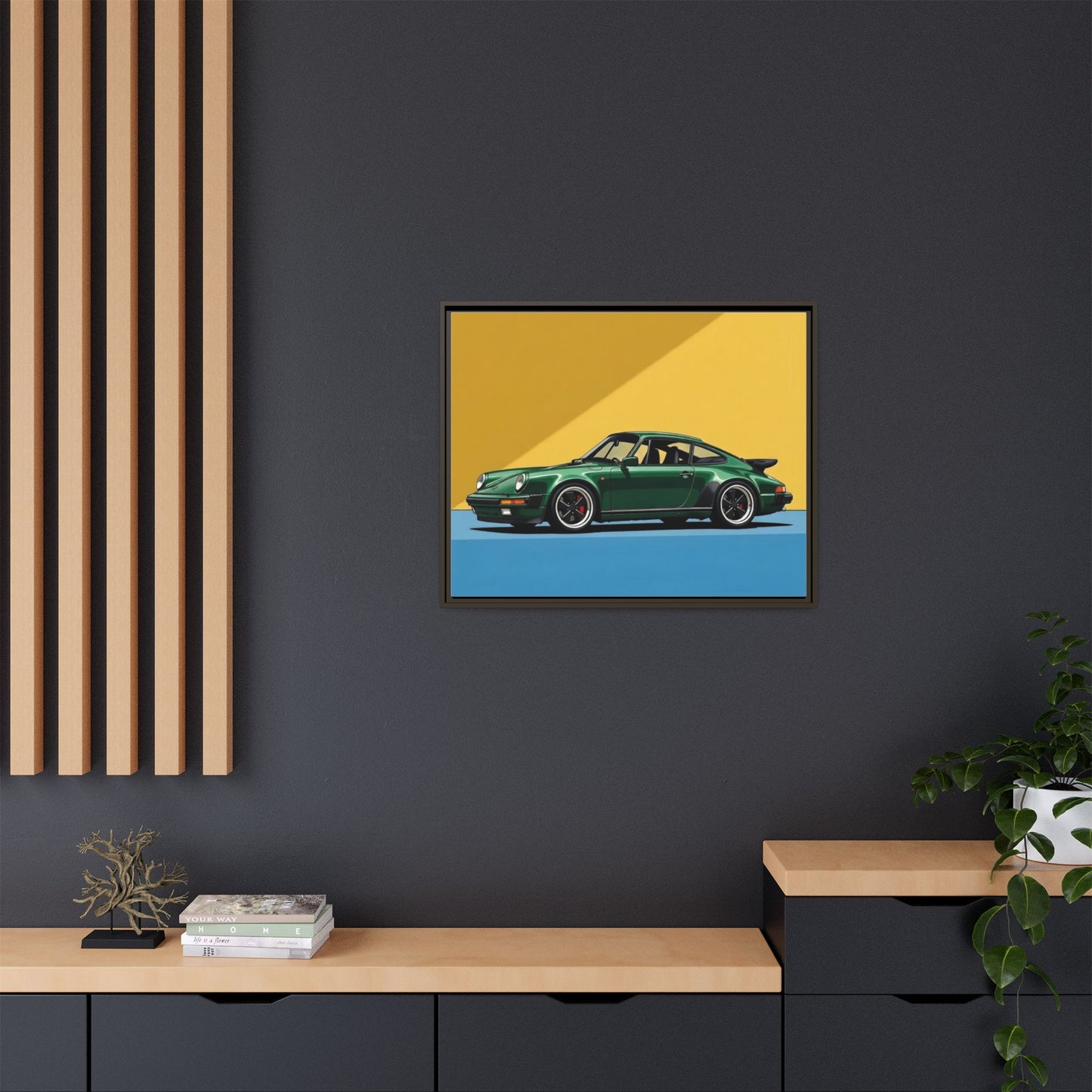 Framed Matte Canvas — Green Sports Car Wall Art