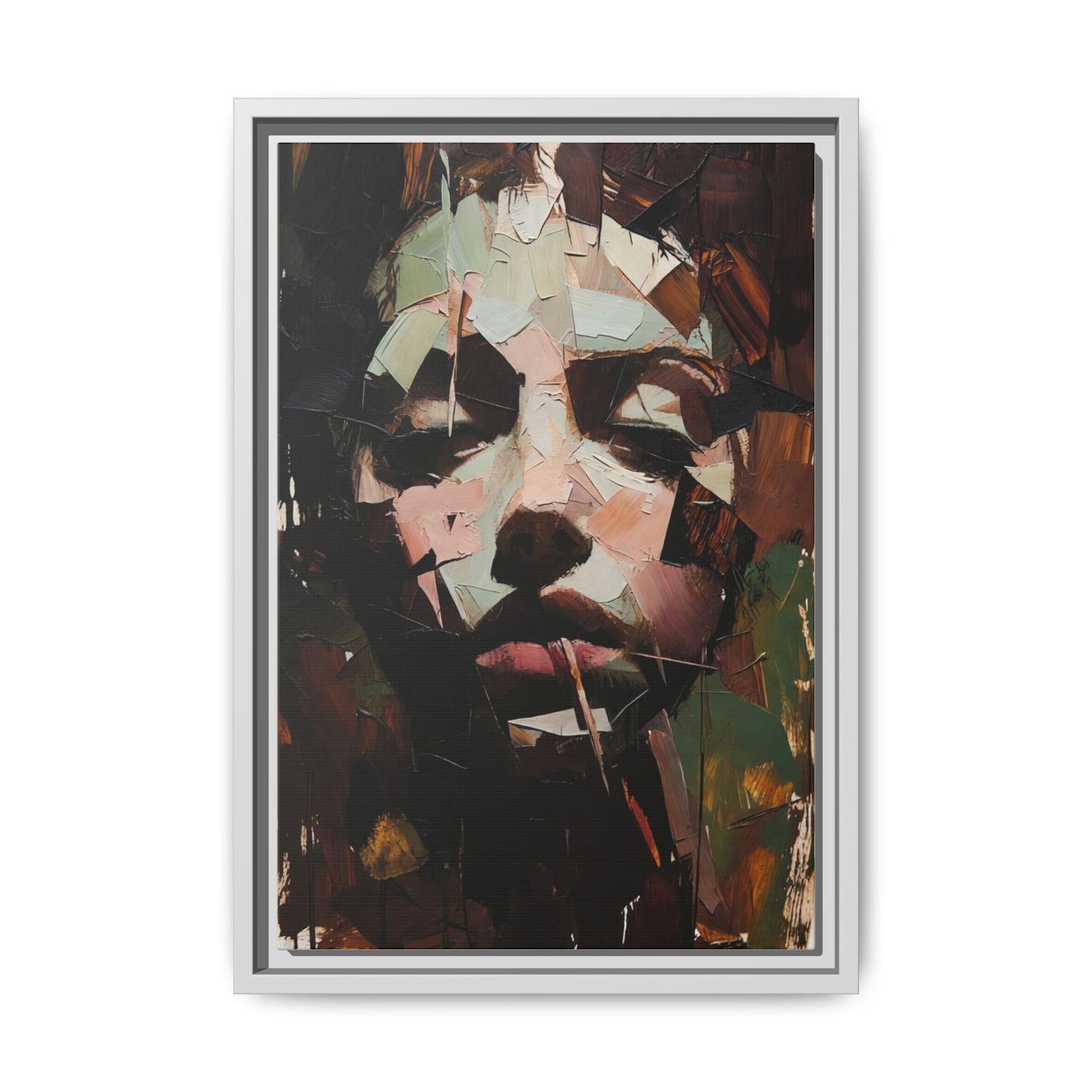 Matte Framed Canvas Art — Abstract Female Portrait, Moody Multicolor