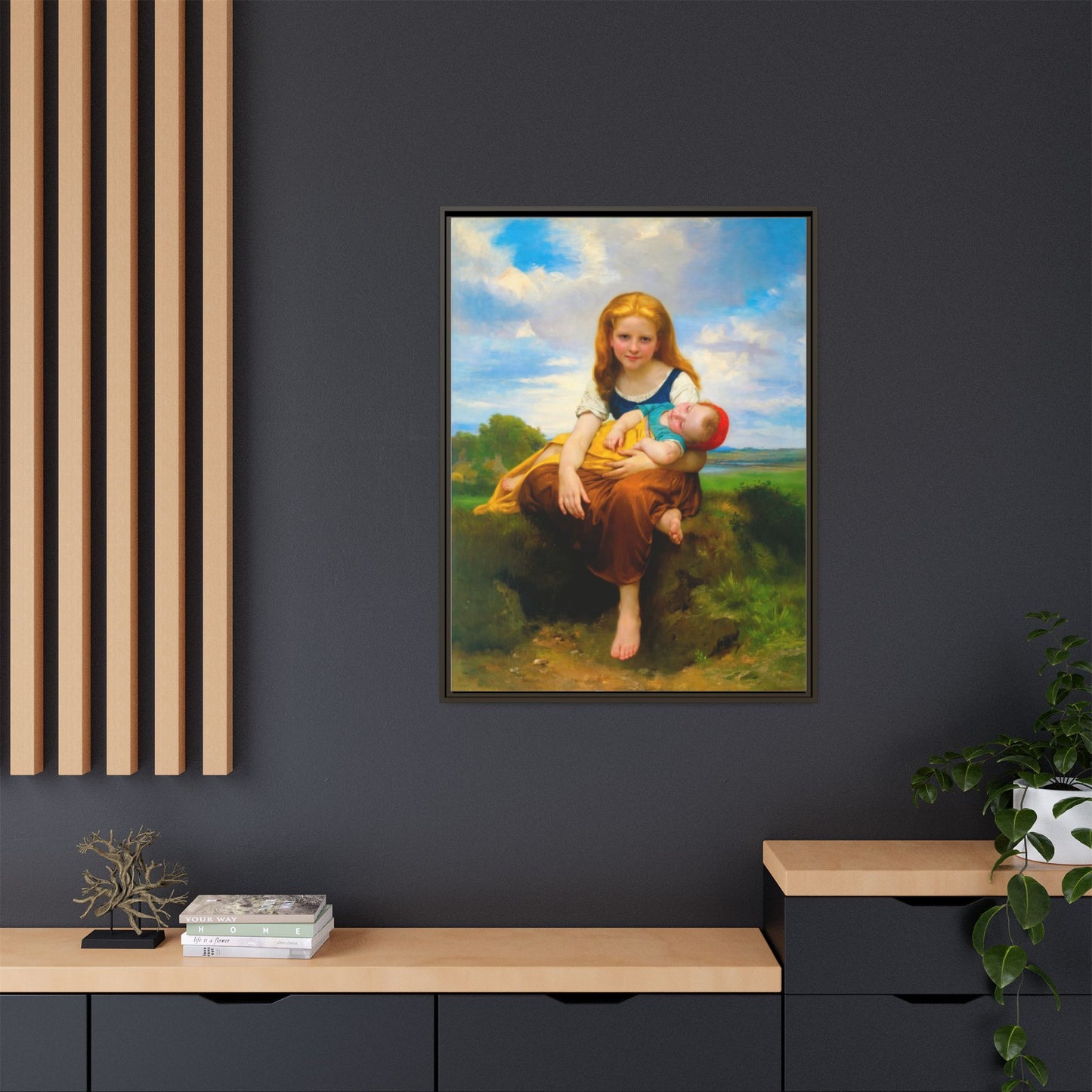 Young Girl Holding Sleeping Baby Canvas Print, Framed Wall Art