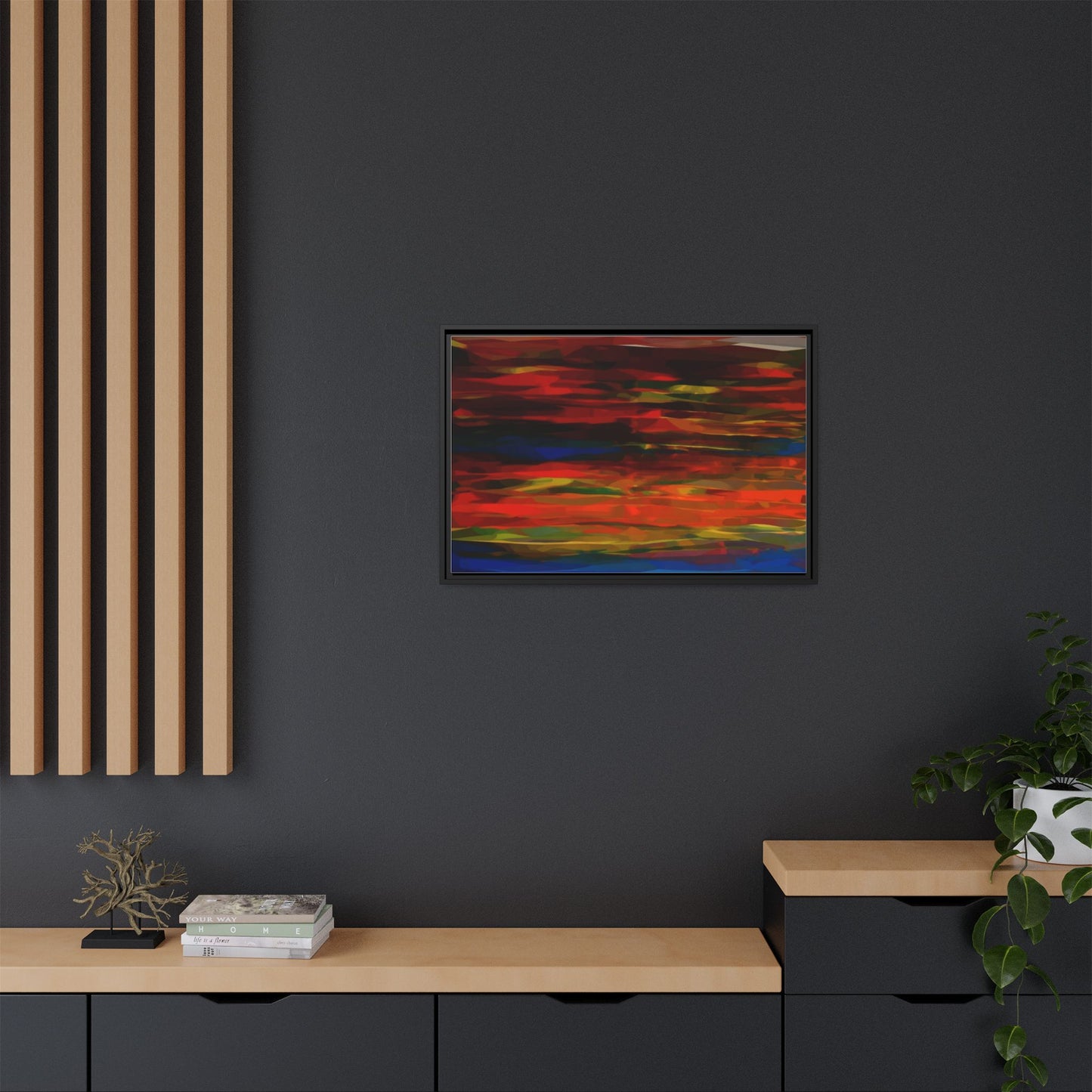 Abstract Multi-Color Matte Canvas Framed Wall Art — Bold Red & Blue Modern Painting