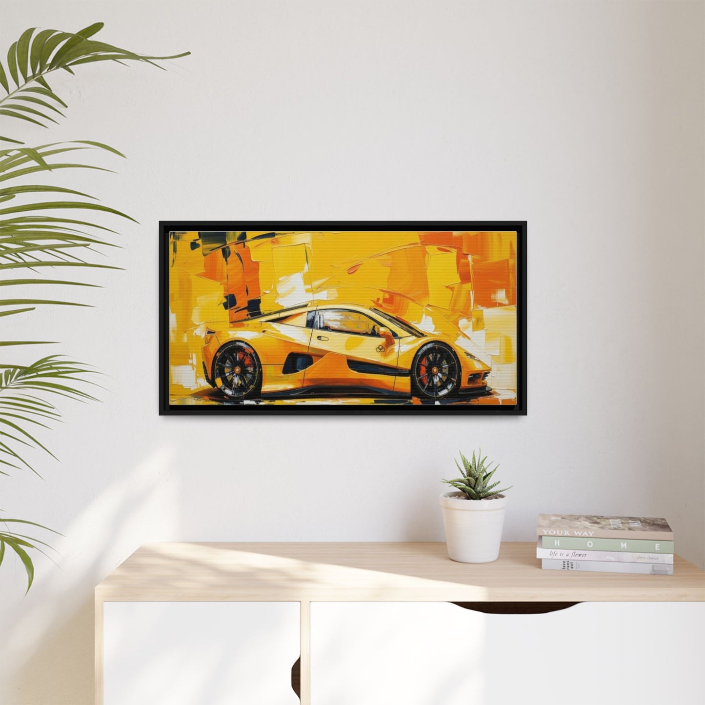 Yellow Sports Car Abstract Matte Canvas Framed Print