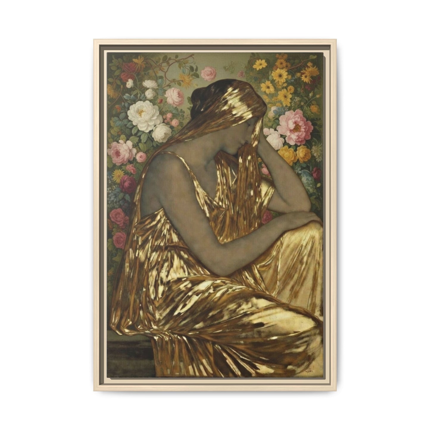 Framed Canvas Art Print — Golden Muse Woman with Floral Background