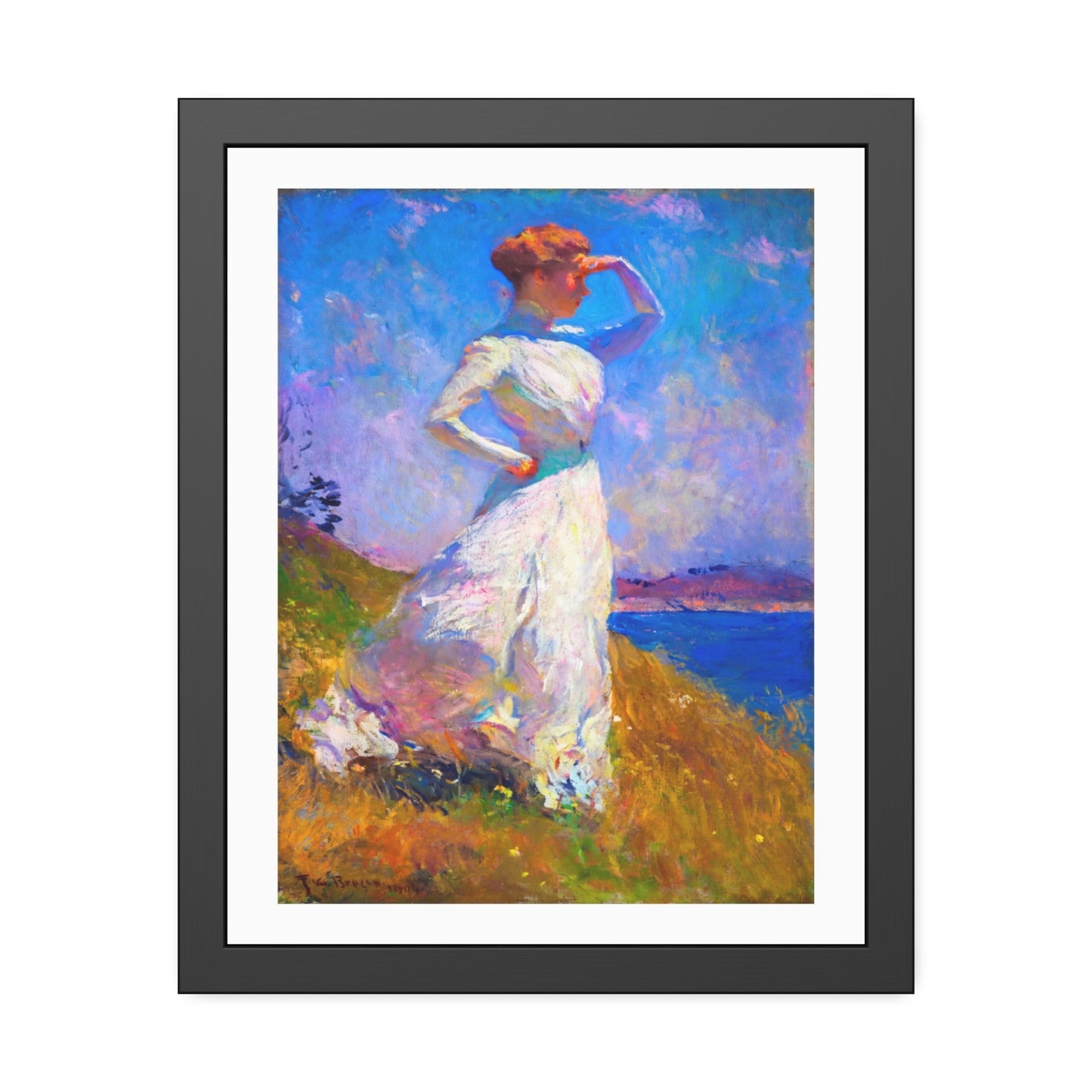 Coastal Impressionist Framed Poster — Woman in White Seaside Art Print
