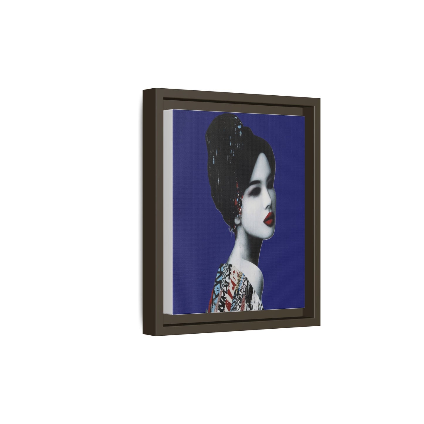 Framed Matte Canvas Art — Elegant Geisha Portrait on Deep Blue