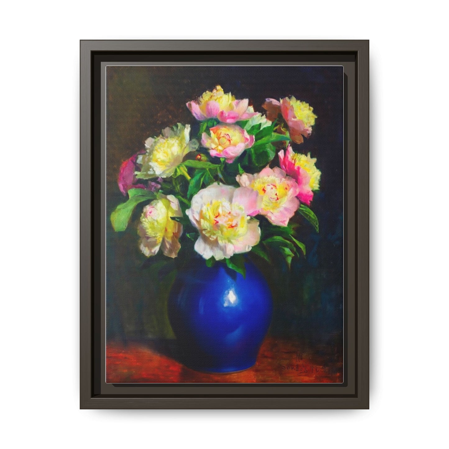Framed Matte Canvas Wall Art — Vintage Floral Bouquet in Blue Vase