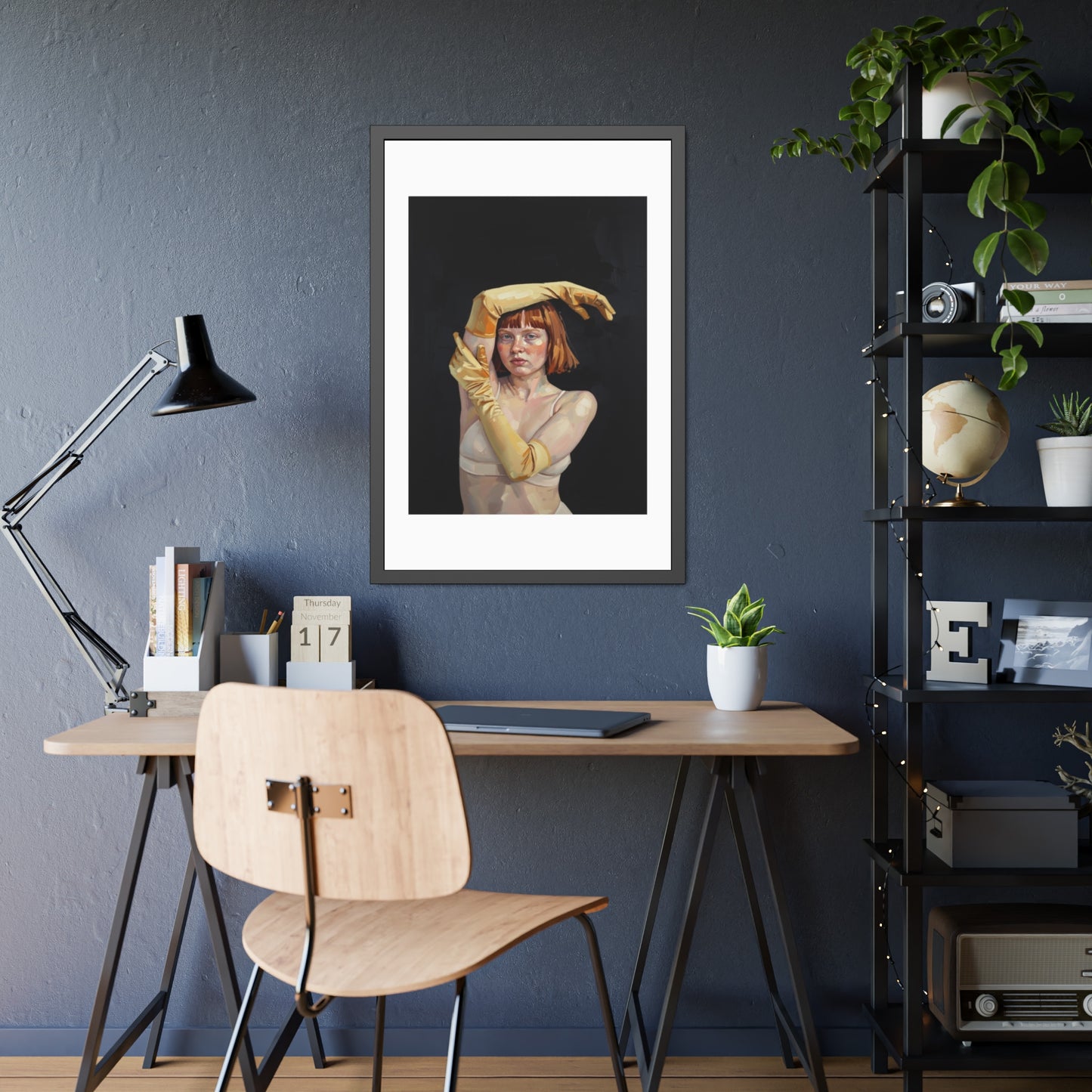 Framed Art Poster — Portrait of Redhead Woman in Yellow Gloves (Gallery Wall Print)