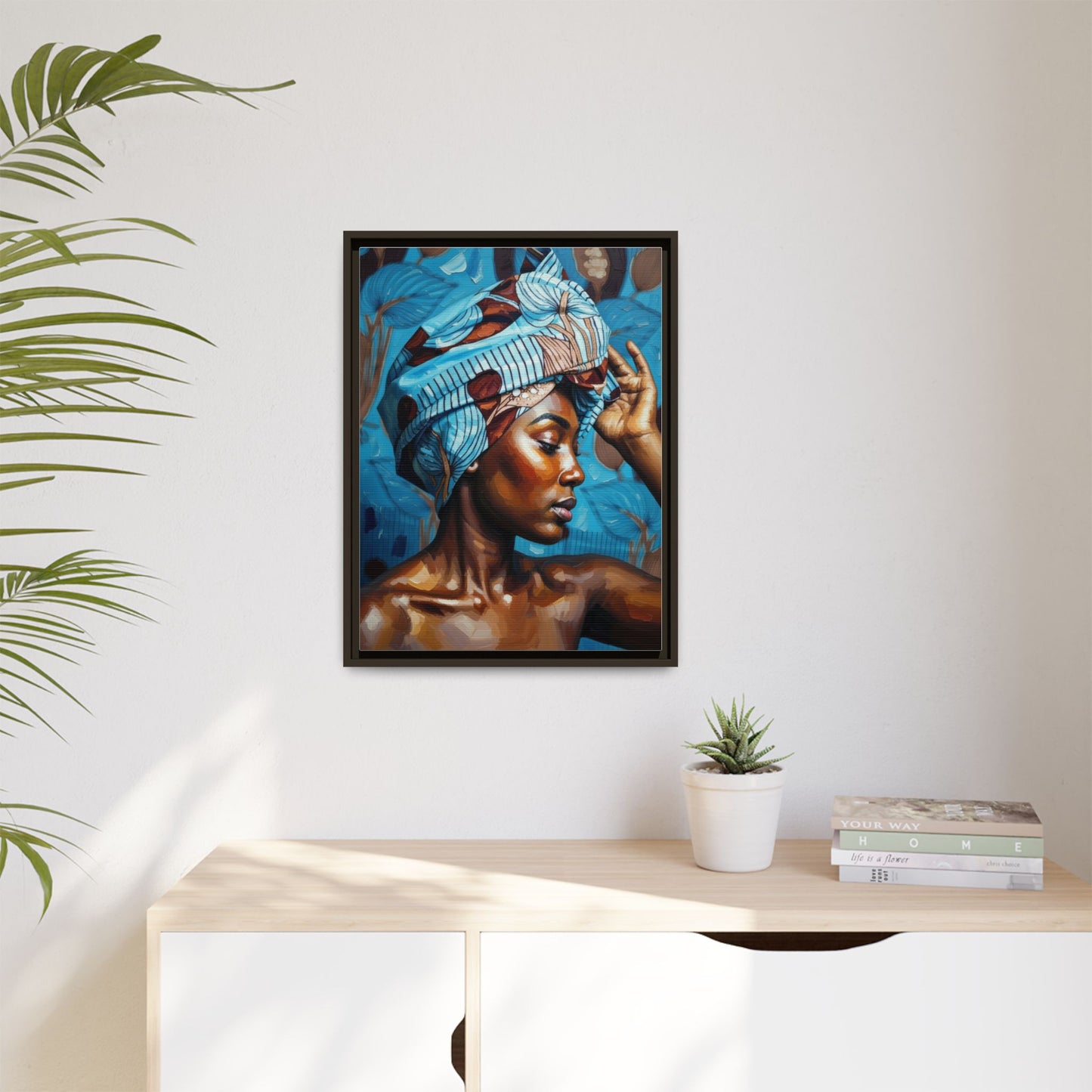 Framed Canvas Art — Portrait of Woman in Blue Headwrap