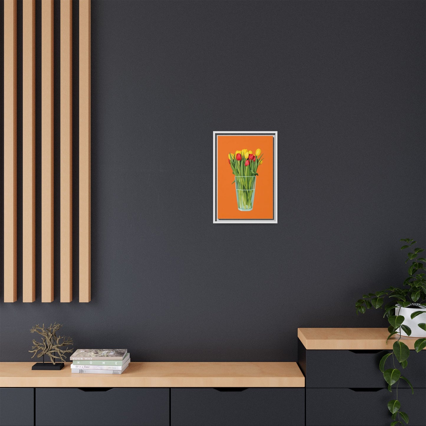 Framed Tulip Canvas Print — Colorful Tulips in Glass Vase