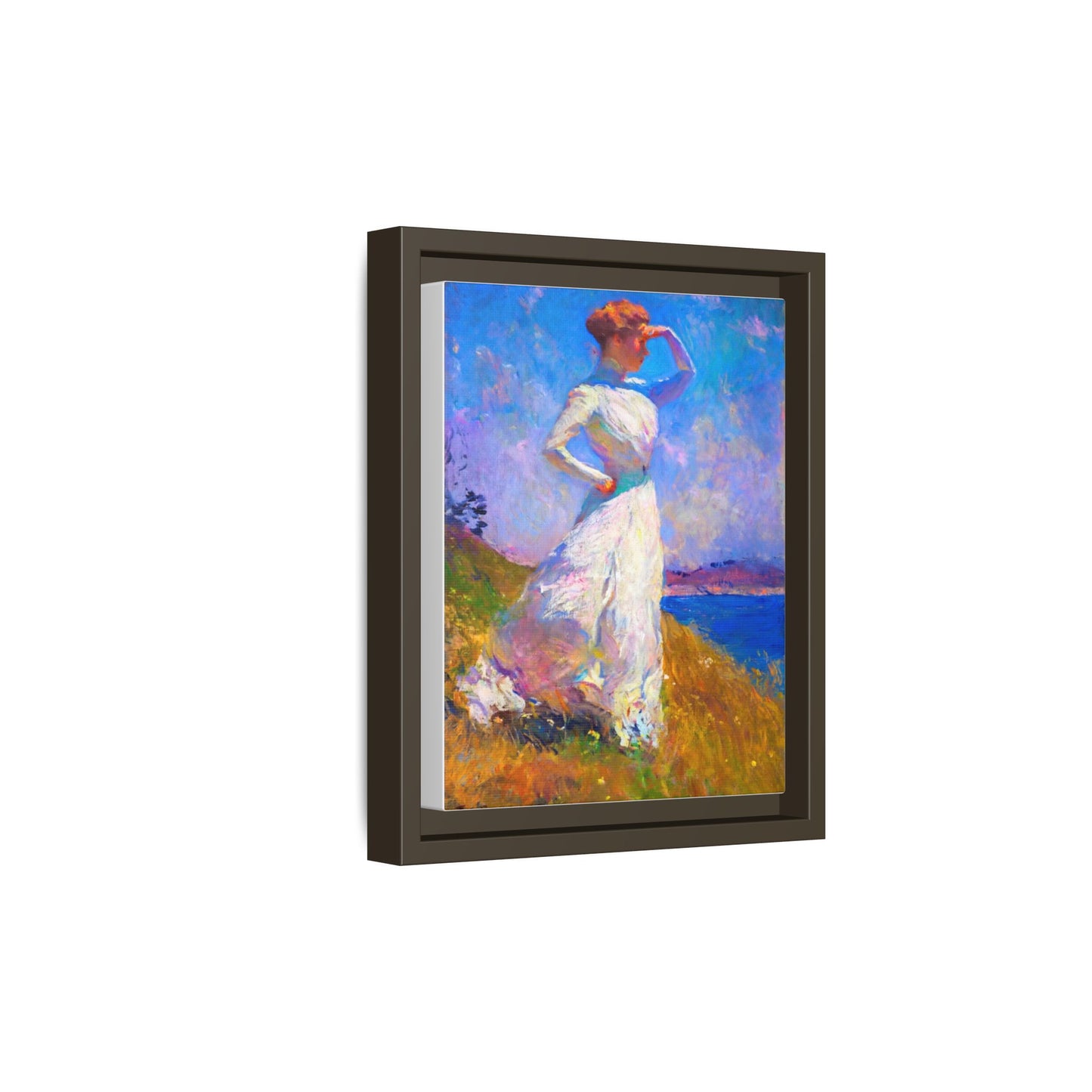 Framed Matte Canvas Art - Woman in White Seaside Impressionist Print