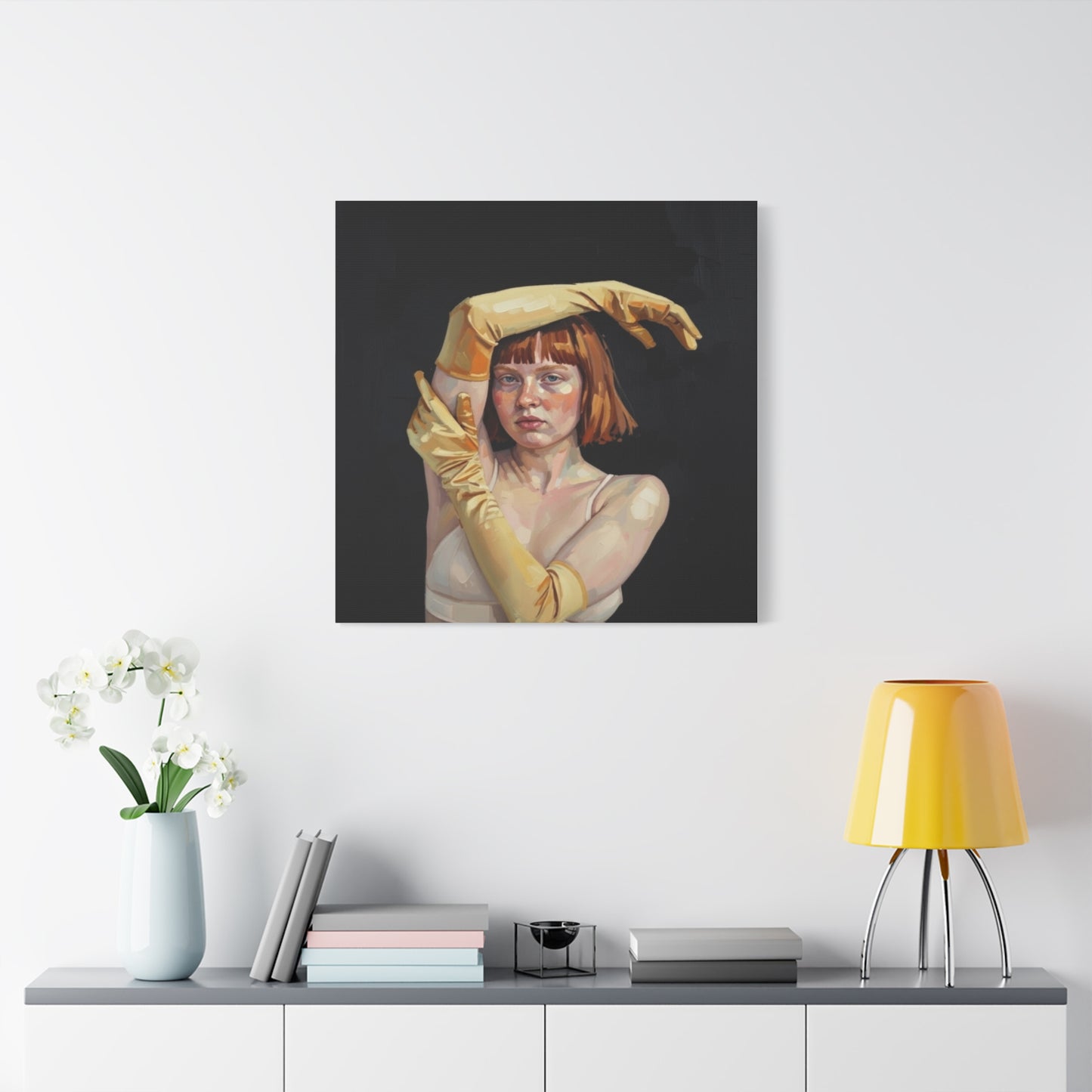 Contemporary Portrait Canvas — Redhead in Yellow Gloves Matte Stretched Art