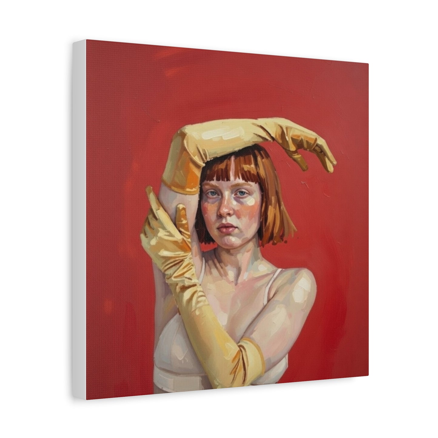 Figurative Portrait Canvas — Woman with Yellow Gloves on Red Background