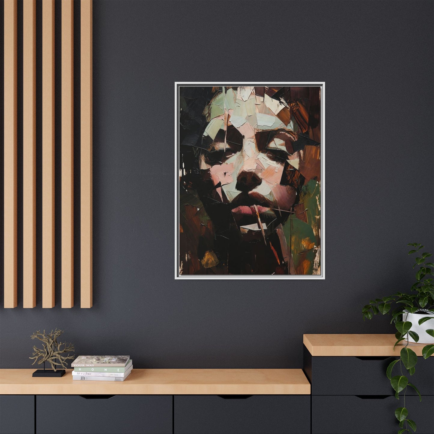 Matte Framed Canvas Art — Abstract Female Portrait, Moody Multicolor
