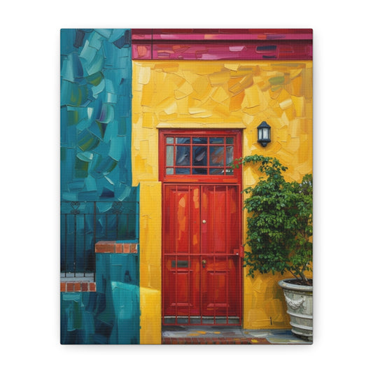 Colorful Doorway Canvas Wall Art — Vibrant Yellow & Teal Street Scene, Matte Stretched Print