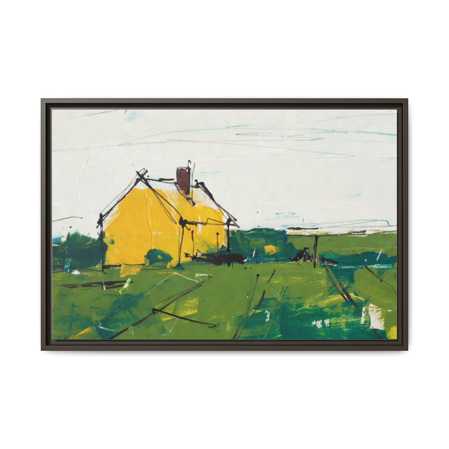 Yellow Cottage Landscape Framed Canvas Print