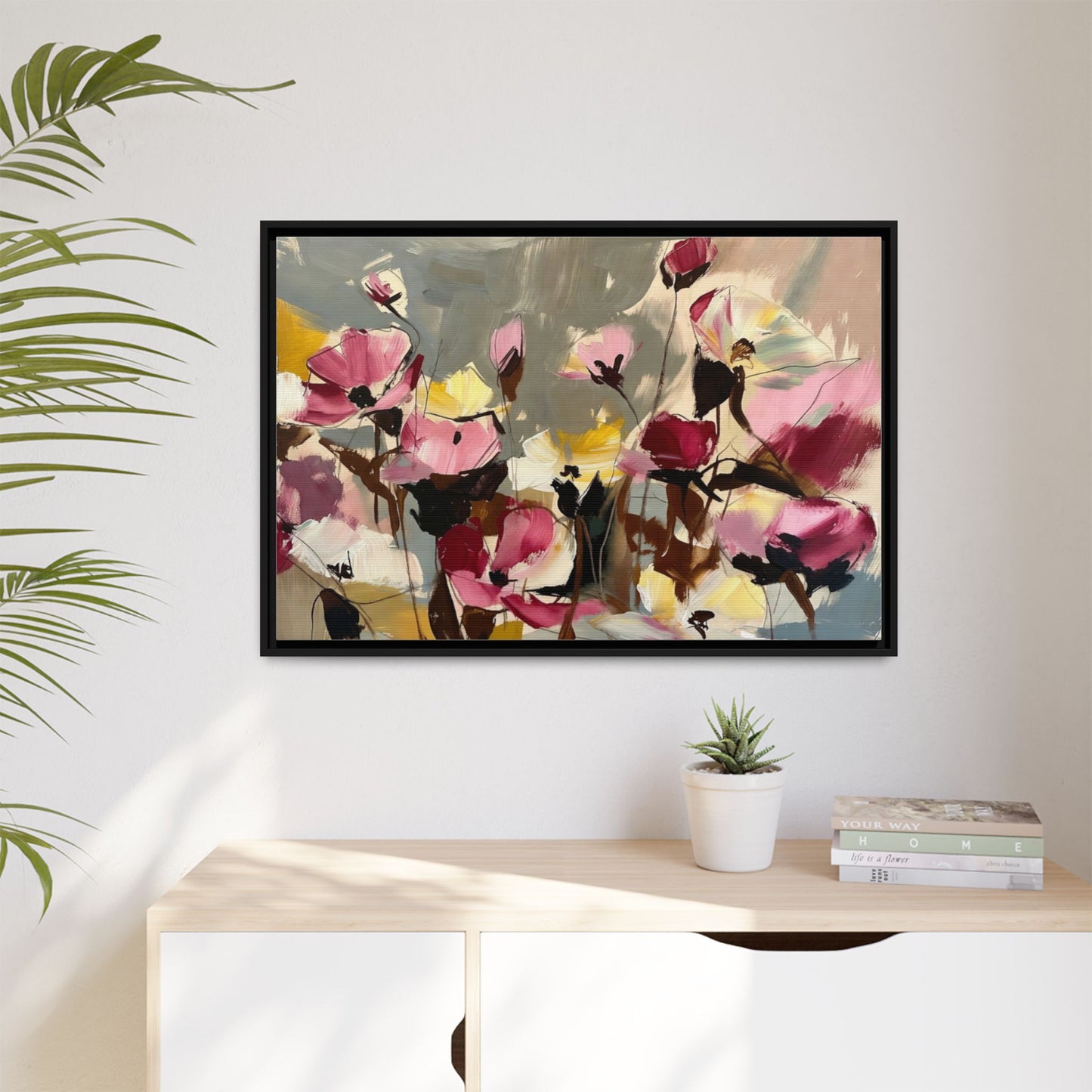 Framed Floral Canvas Wall Art — Abstract Pink & Yellow Flowers