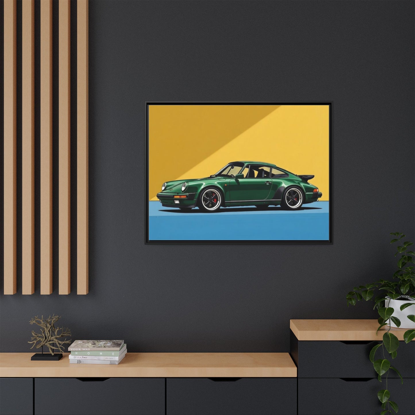 Framed Matte Canvas — Green Sports Car Wall Art