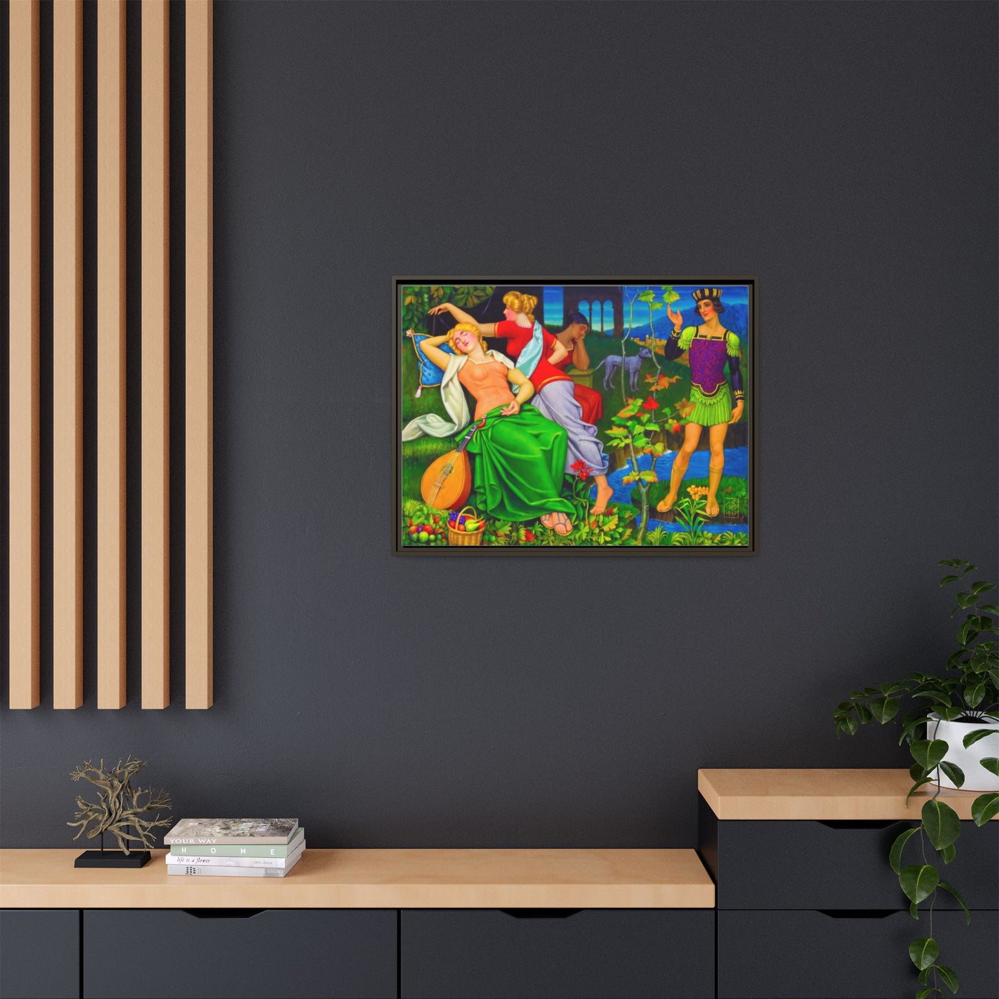 Framed Matte Canvas Art — Colorful Mythic Garden Scene