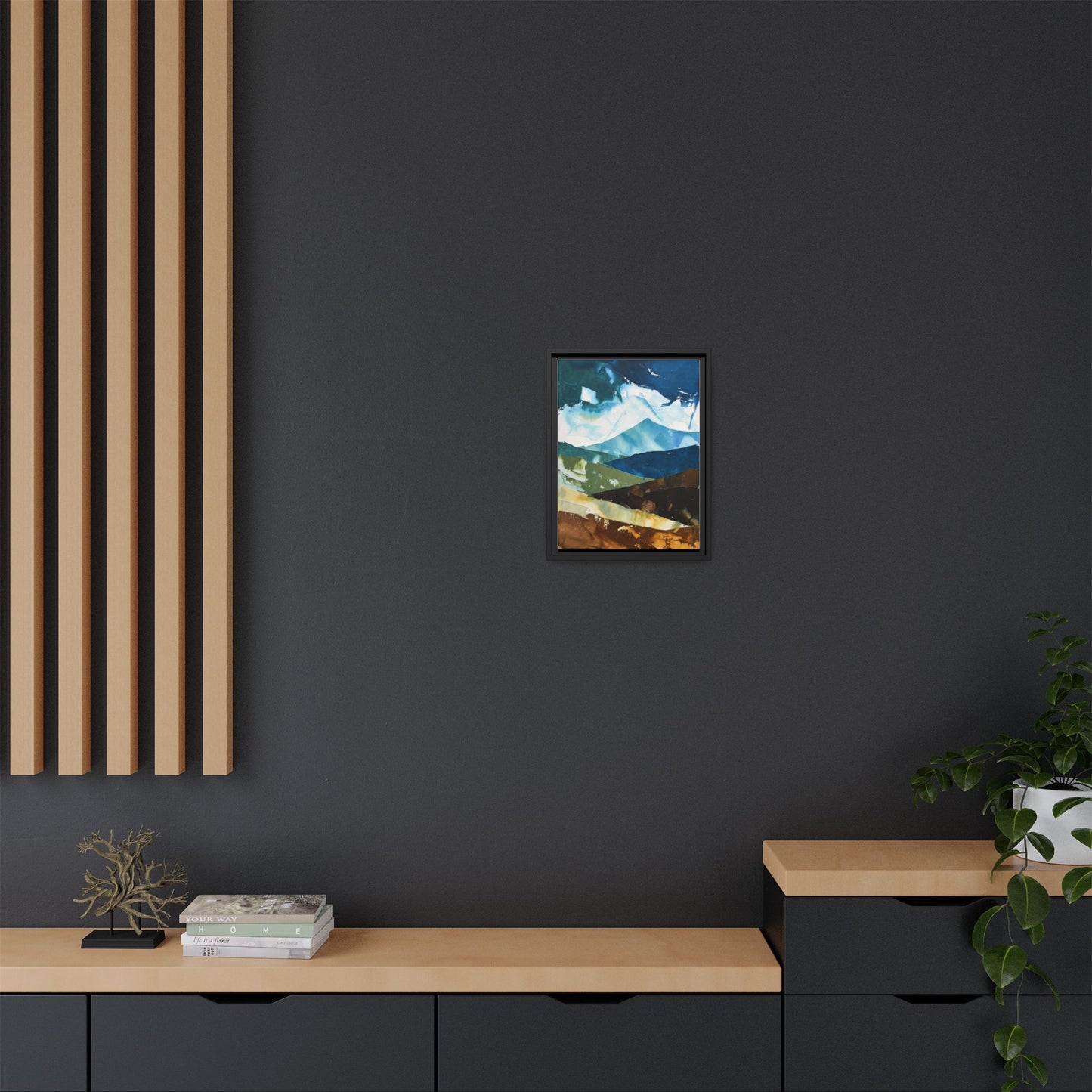 Framed Abstract Mountain Canvas Art — Blue & Earthtone Landscape Print