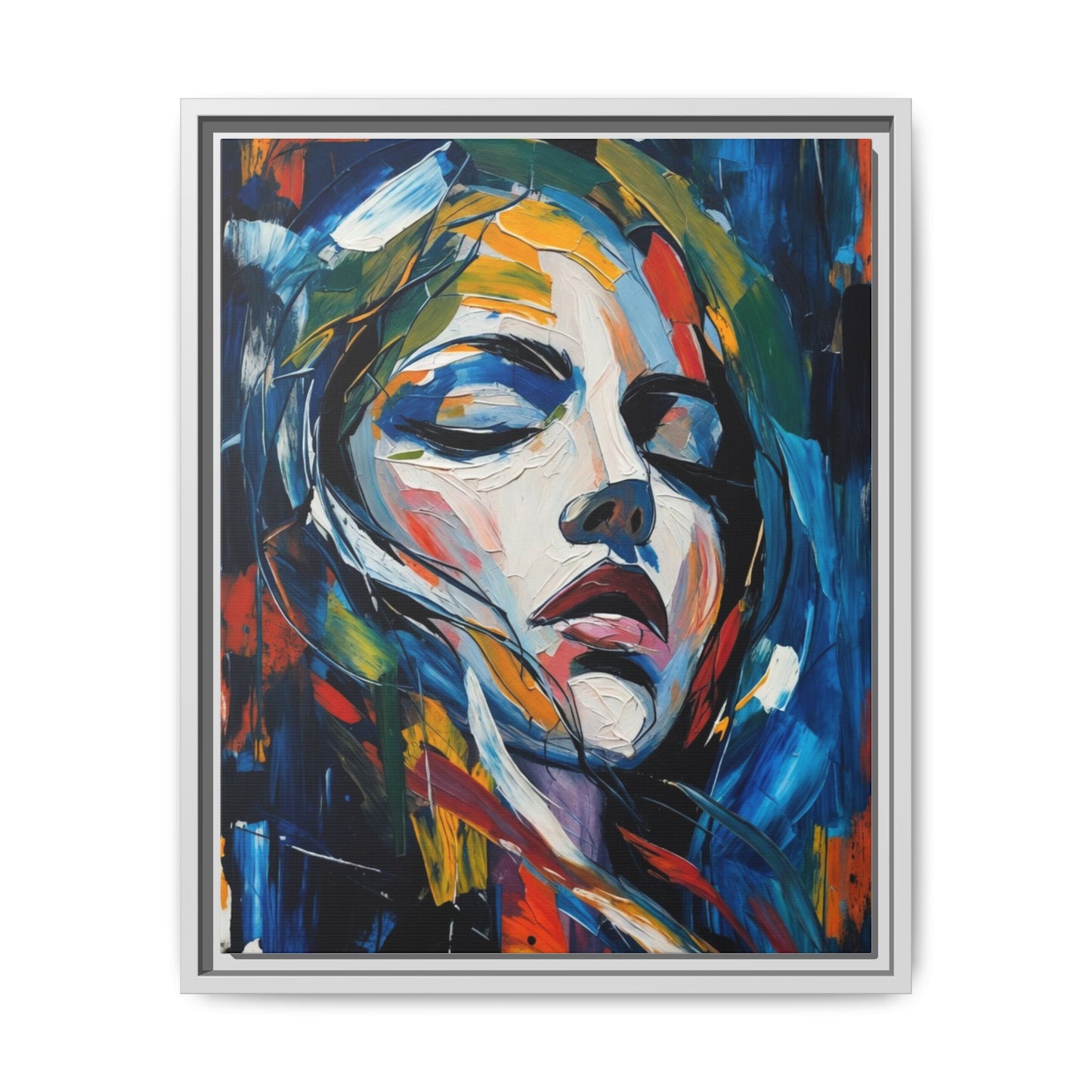 Abstract Colorful Woman Portrait — Framed Matte Canvas Wall Art