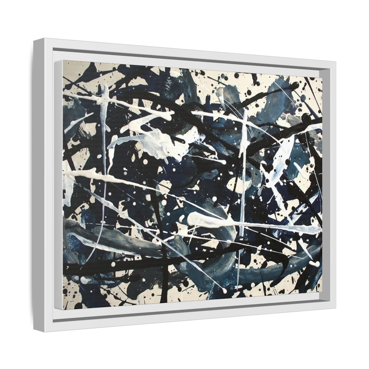 Abstract Splatter Matte Canvas Framed Wall Art — Black & Blue Modern Art Print