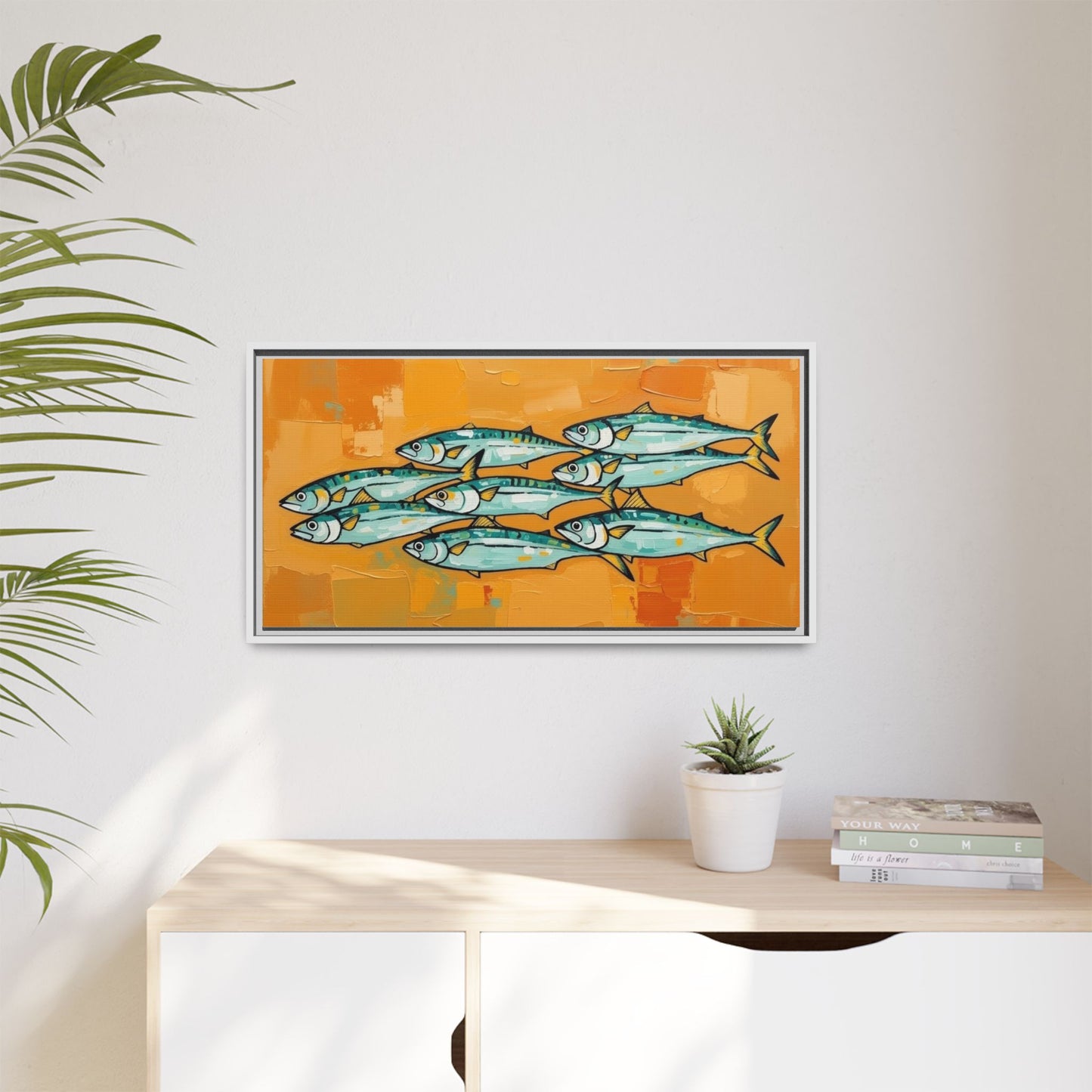 Framed Matte Canvas Print — School of Blue Fish on Orange Abstract Background