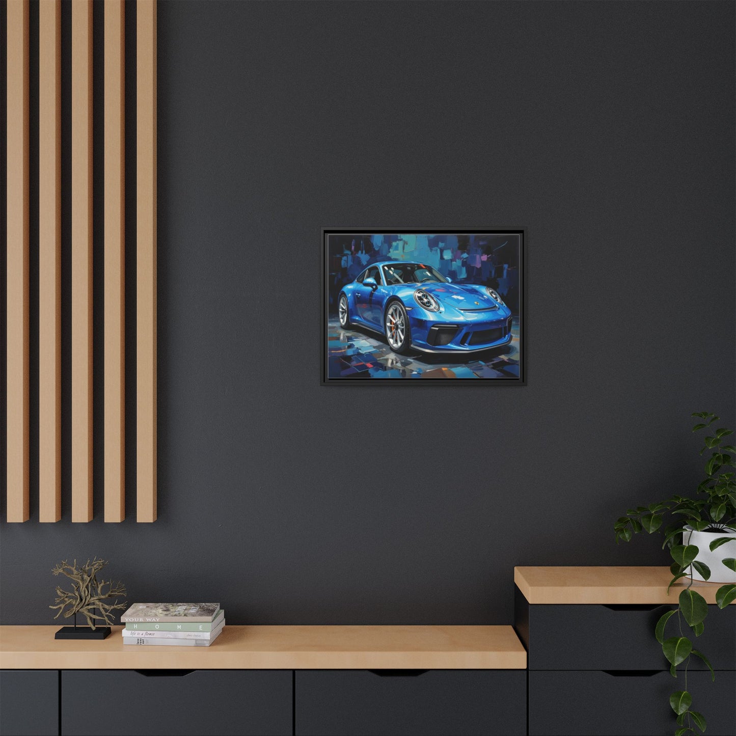 Blue Sports Car Matte Canvas Framed Print — Modern Automotive Wall Art