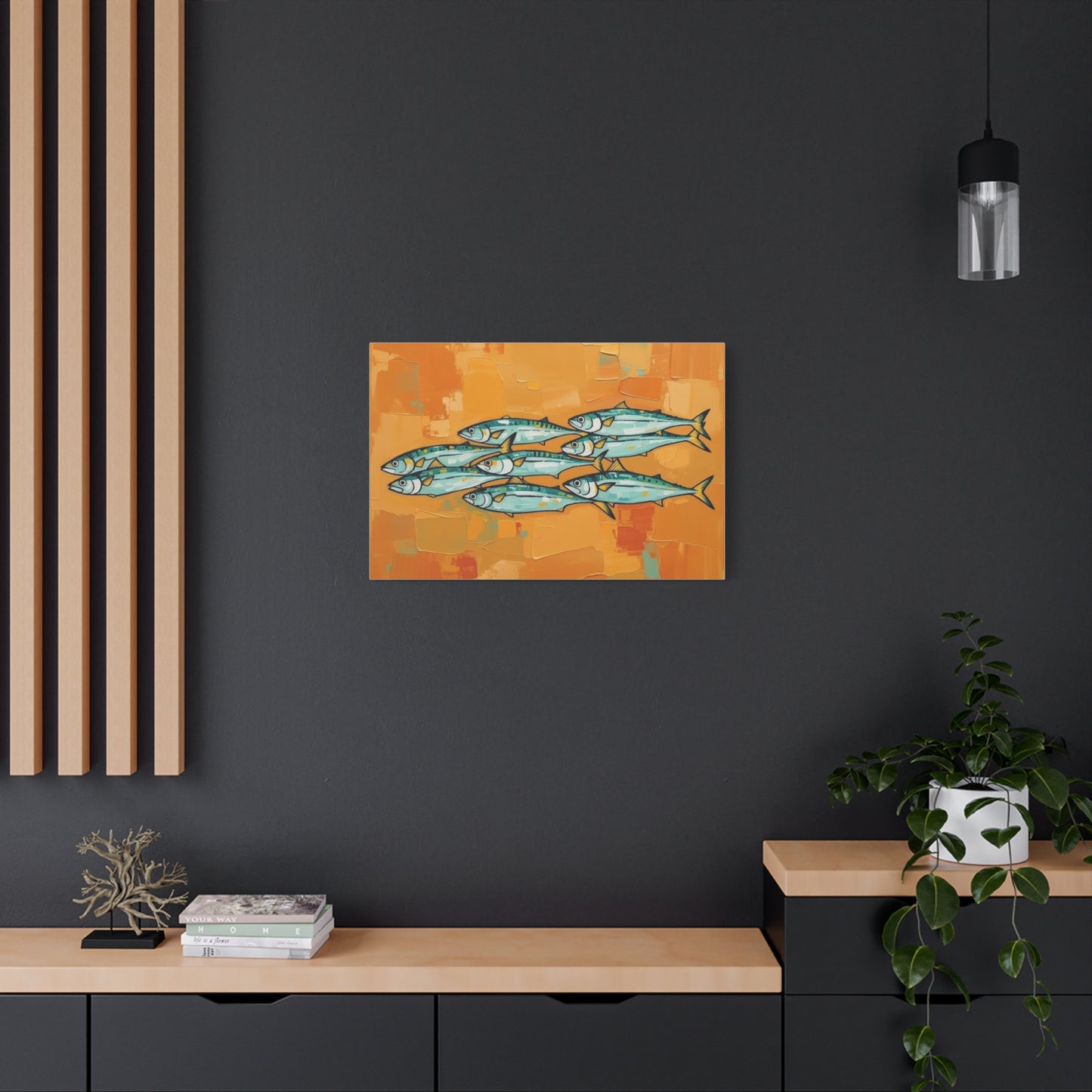 School of Mackerel Canvas Wall Art — Nautical Fish Painting on Orange Background