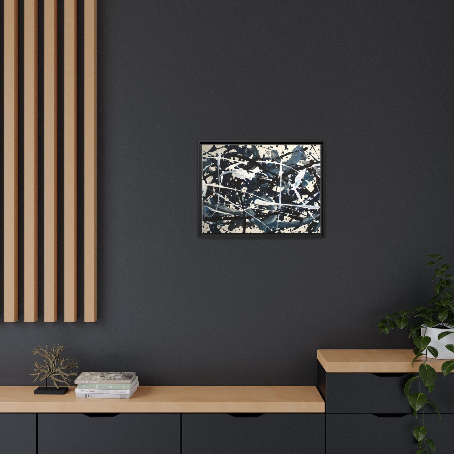 Abstract Splatter Matte Canvas Framed Wall Art — Black & Blue Modern Art Print