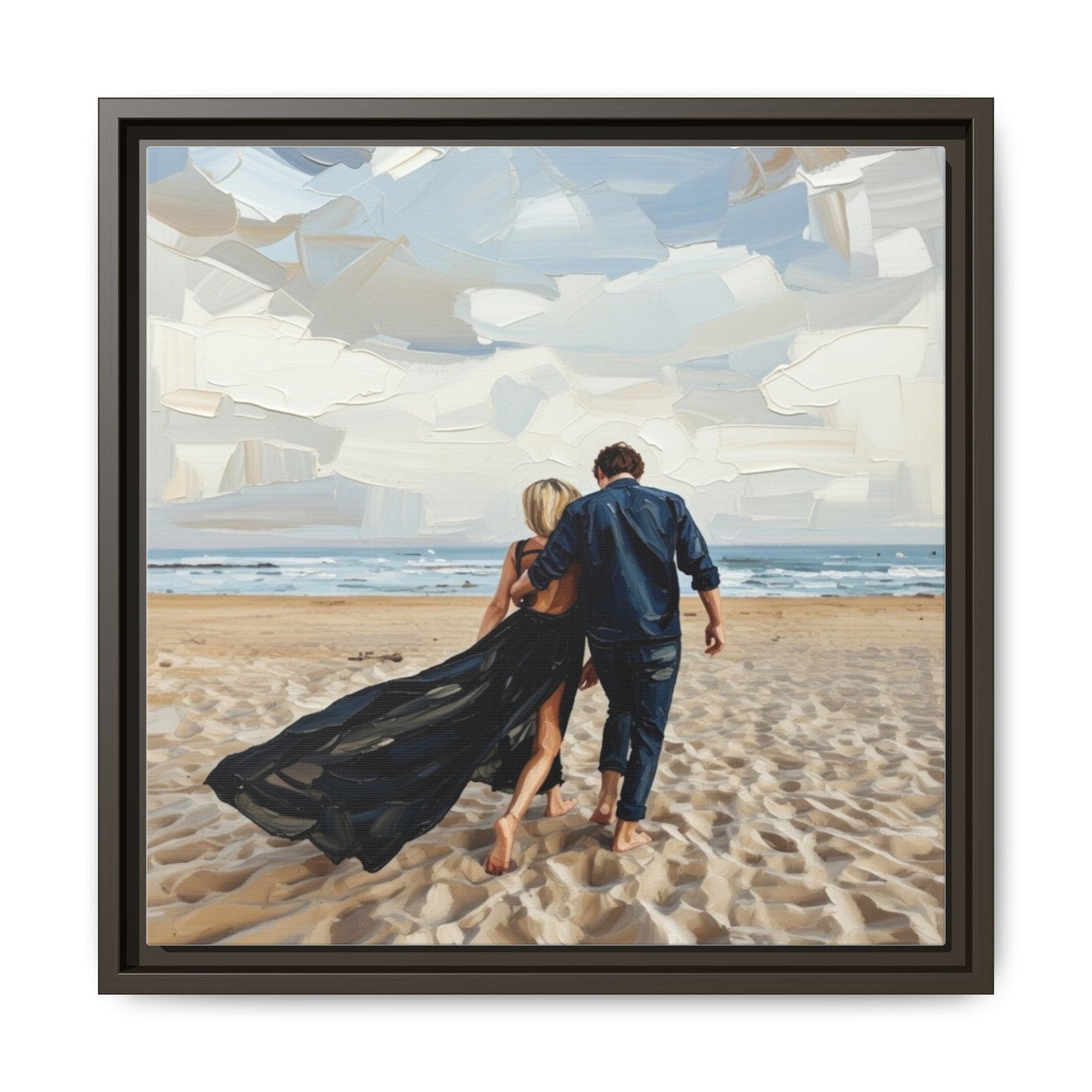 Framed Canvas Wall Art — Romantic Couple Walking on Beach Print