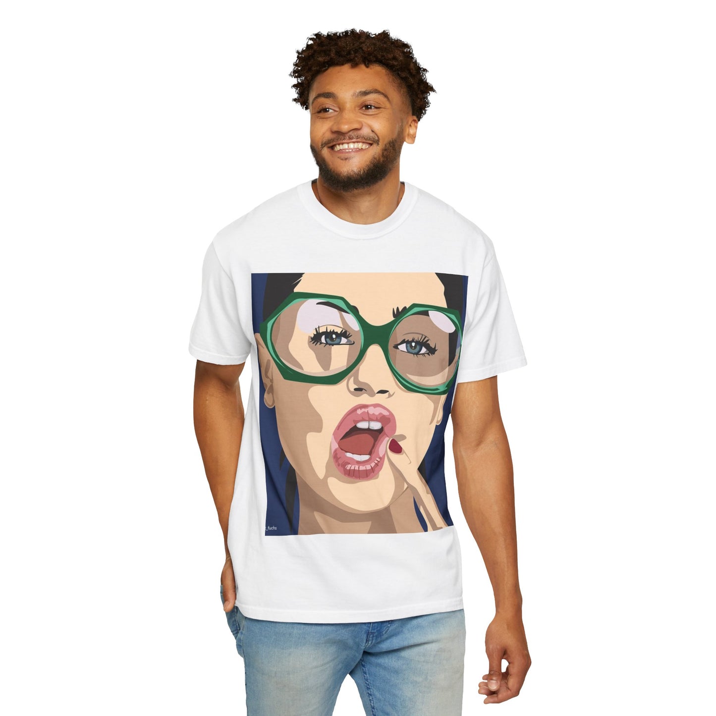 Pop Art Woman Graphic T‑Shirt — Retro Chic Green Glasses Design