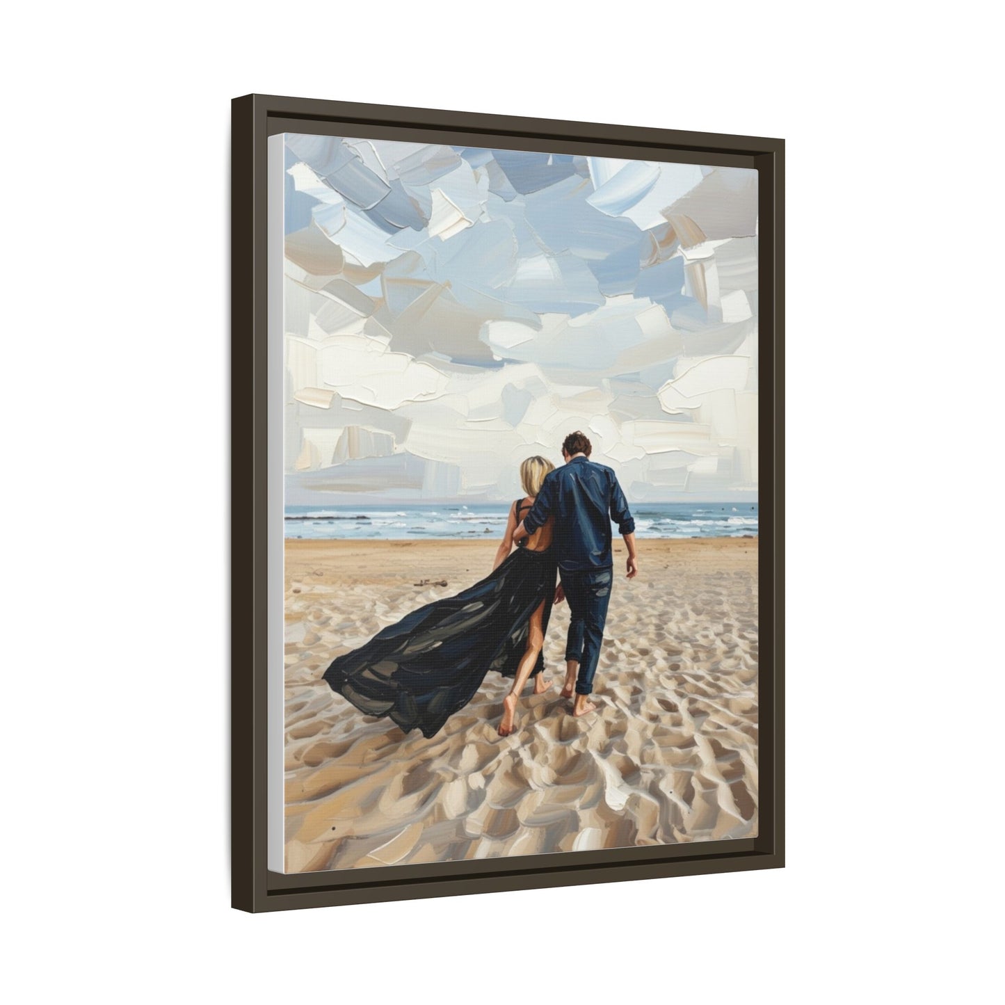 Framed Canvas Wall Art — Romantic Couple Walking on Beach Print