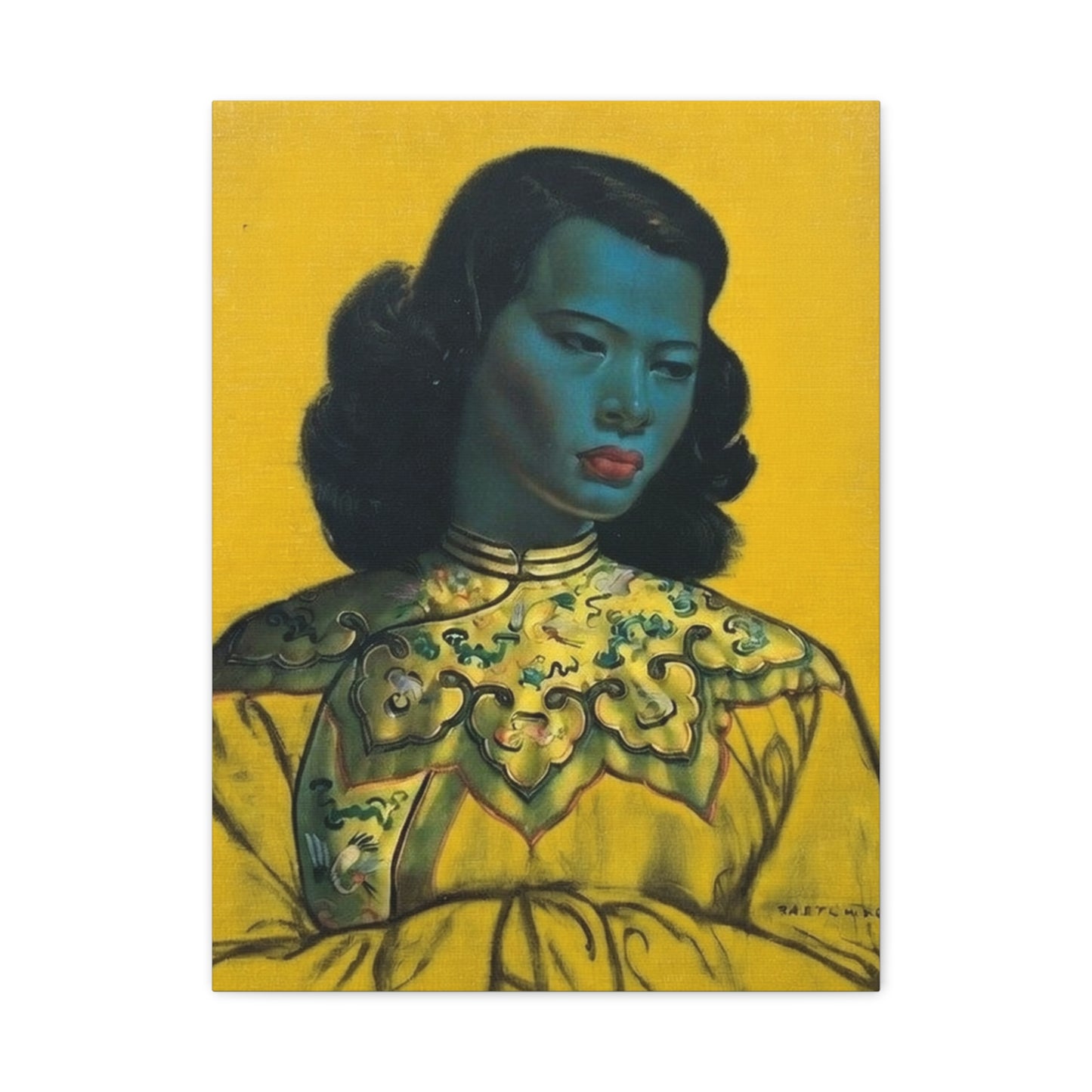 Vintage Portrait Canvas Print — Mid-Century Asian Woman Art on Yellow Background
