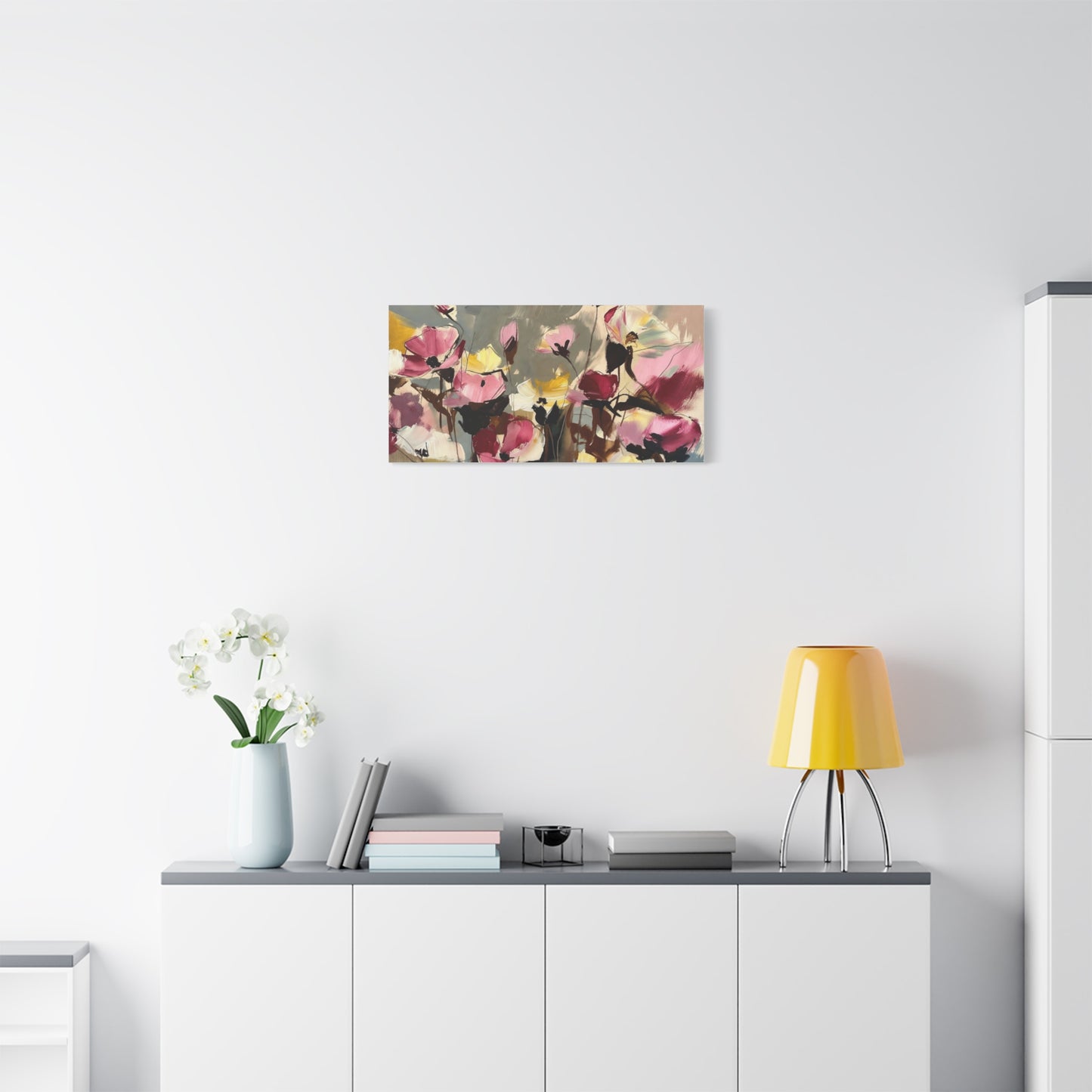 Floral Abstract Canvas Wall Art — Pink & Yellow Bloom Stretched Matte Print