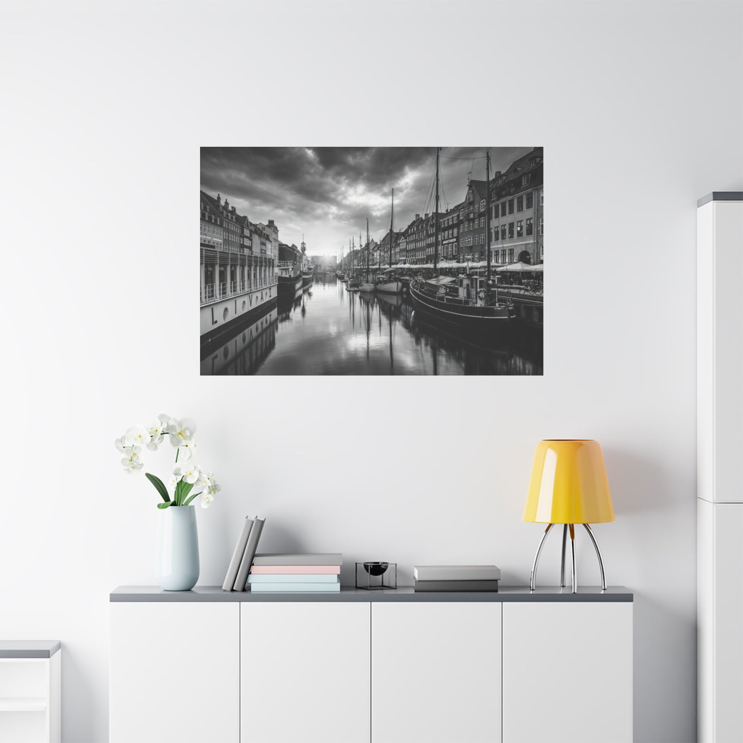 Black & White Harbor Canvas Print — Dramatic Copenhagen Cityscape Wall Art