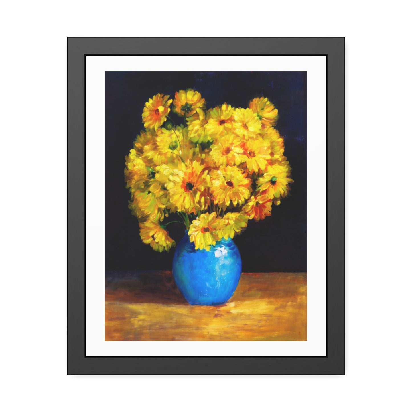 Framed Art Print — Yellow Daisy Bouquet in Blue Vase