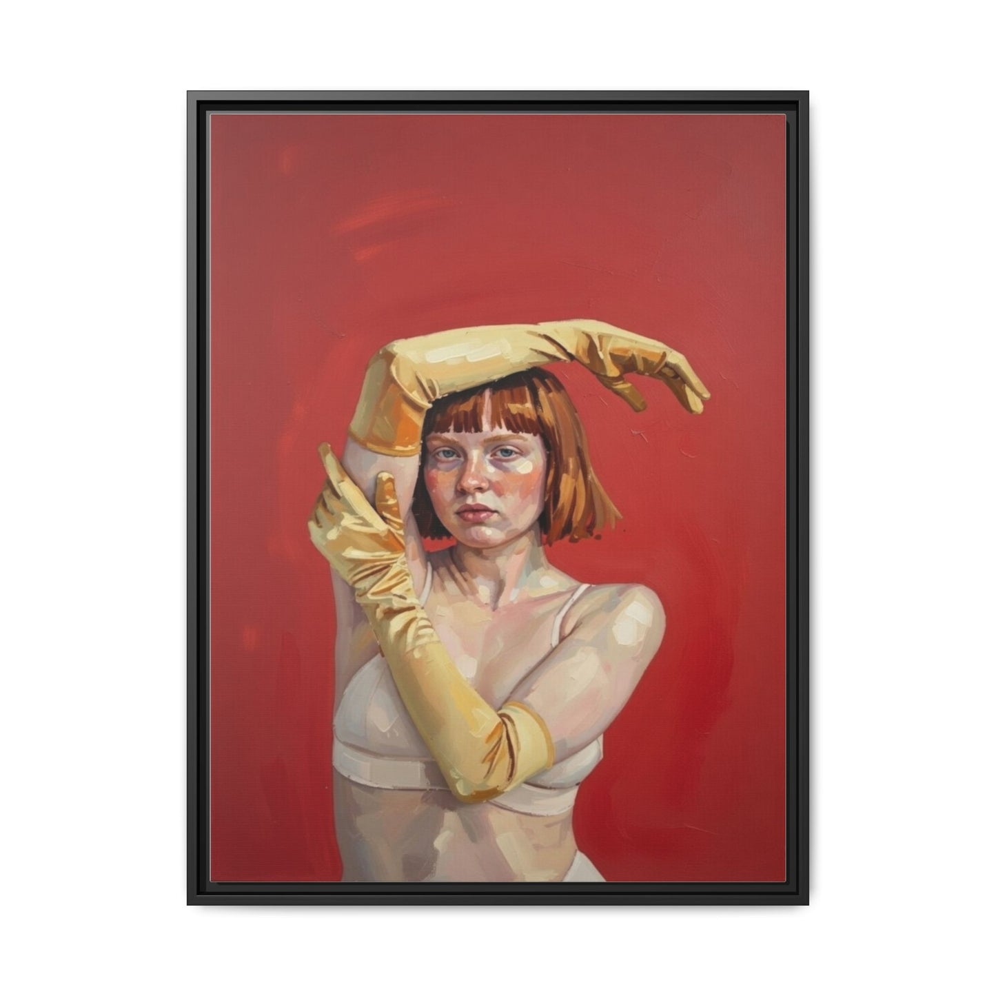 Framed Matte Canvas Art - Portrait of Woman in Yellow Gloves (Red Background)