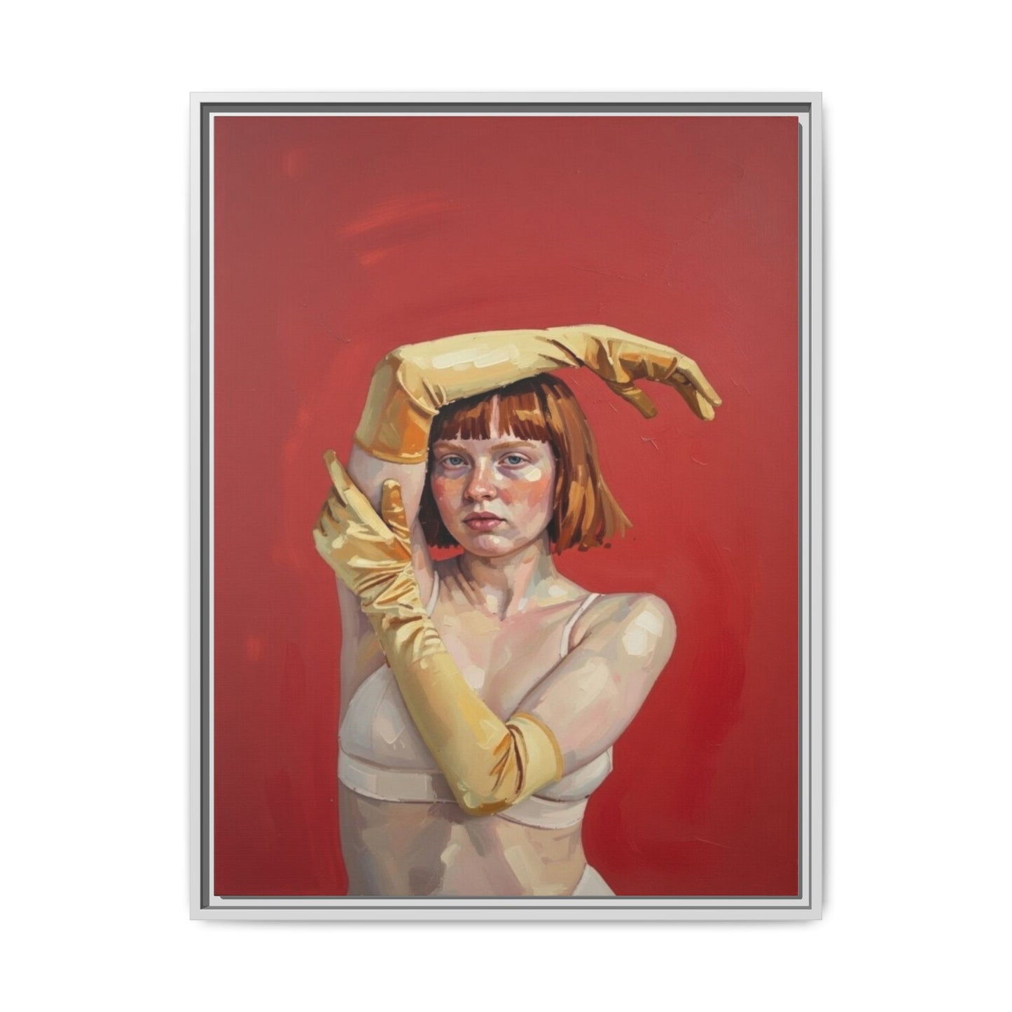 Framed Matte Canvas Art - Portrait of Woman in Yellow Gloves (Red Background)
