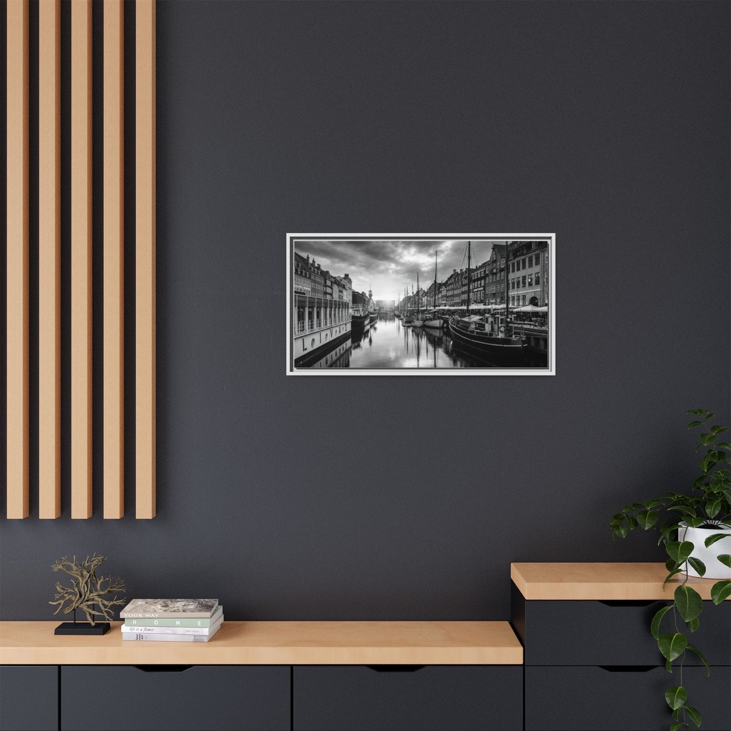 Framed Matte Canvas: Black & White Dutch Canal Photography Wall Art