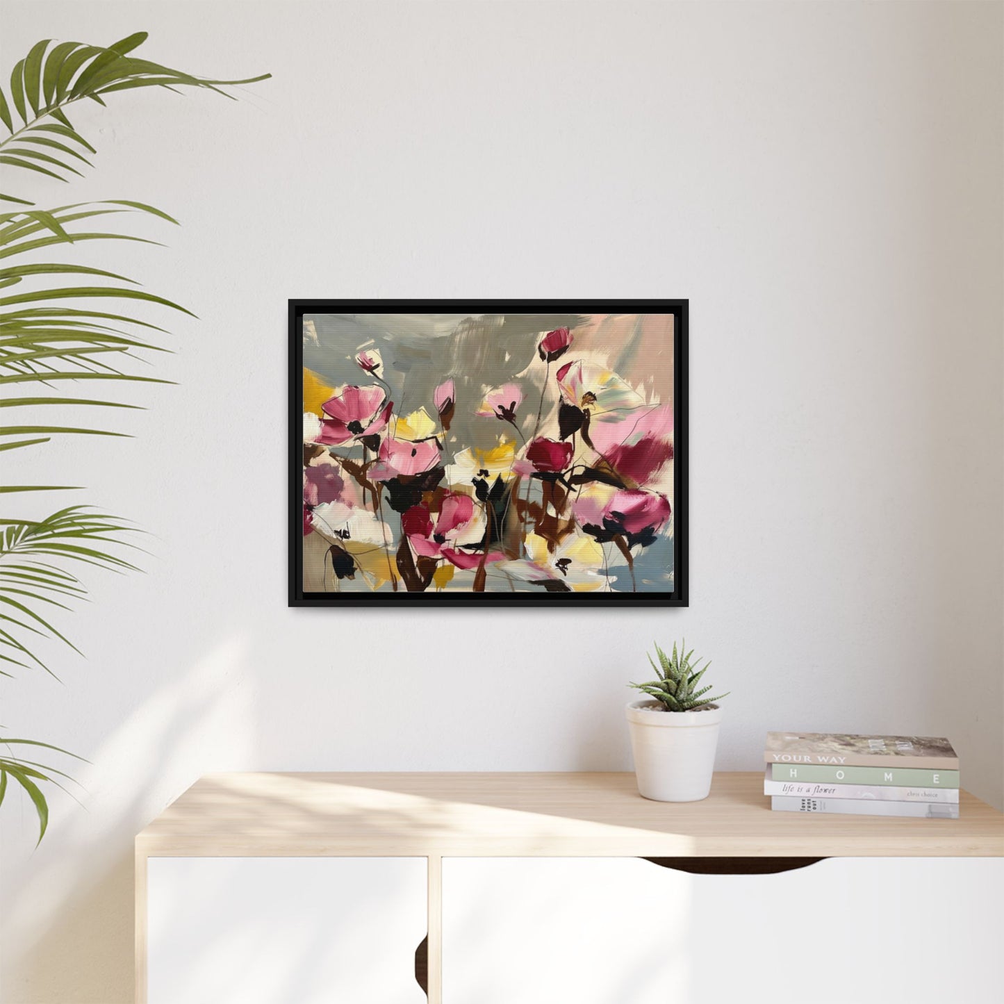 Framed Floral Canvas Wall Art — Abstract Pink & Yellow Flowers
