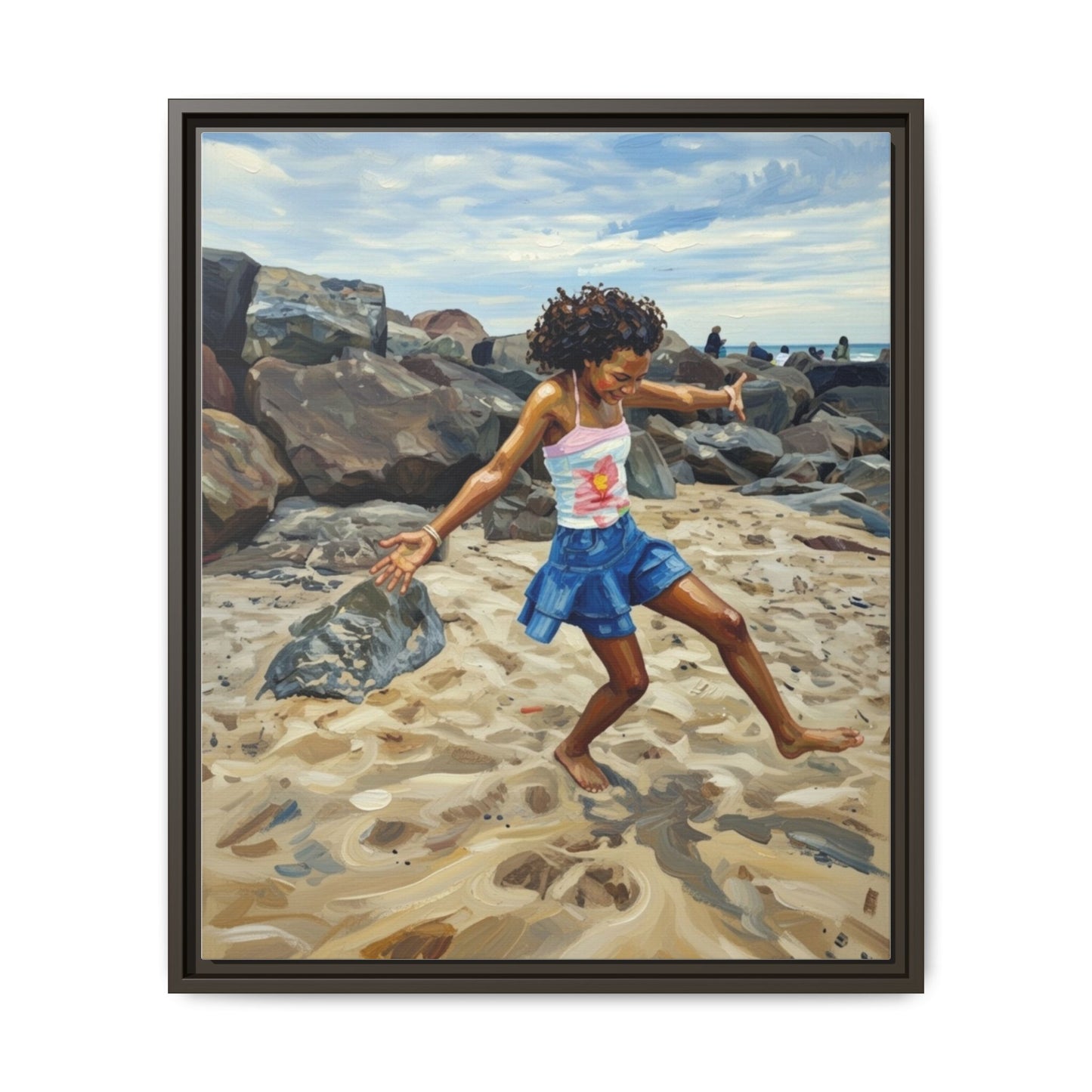 Framed Canvas Art - Girl Dancing on the Beach (Matte Multi-Color)